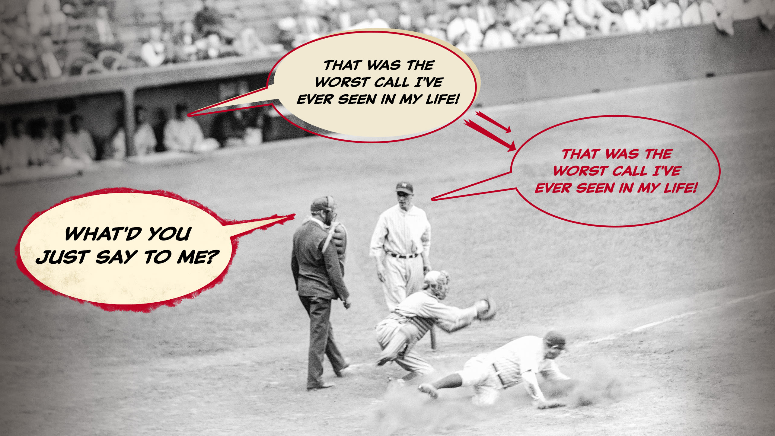 An illustration of a play at home plate with speech bubbles