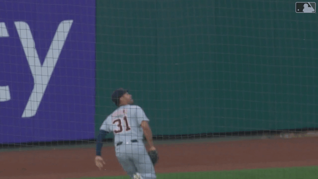 An animated gif of Riley Greene making a diving catch