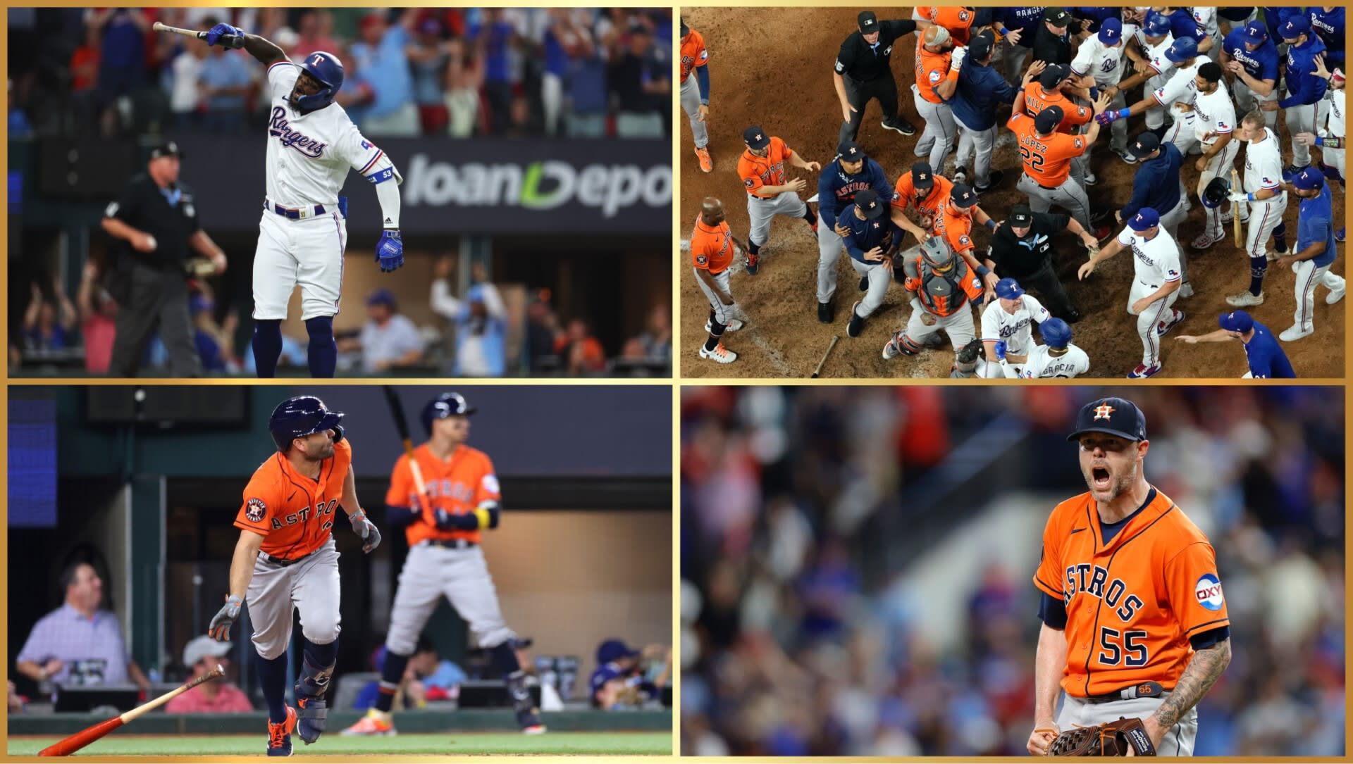 Images from Game 5 of the ALCS: Adolis García celebrates his homer, a view from above as benches clear, Jose Altuve watches his homer and Ryan Pressly shouts at the final out