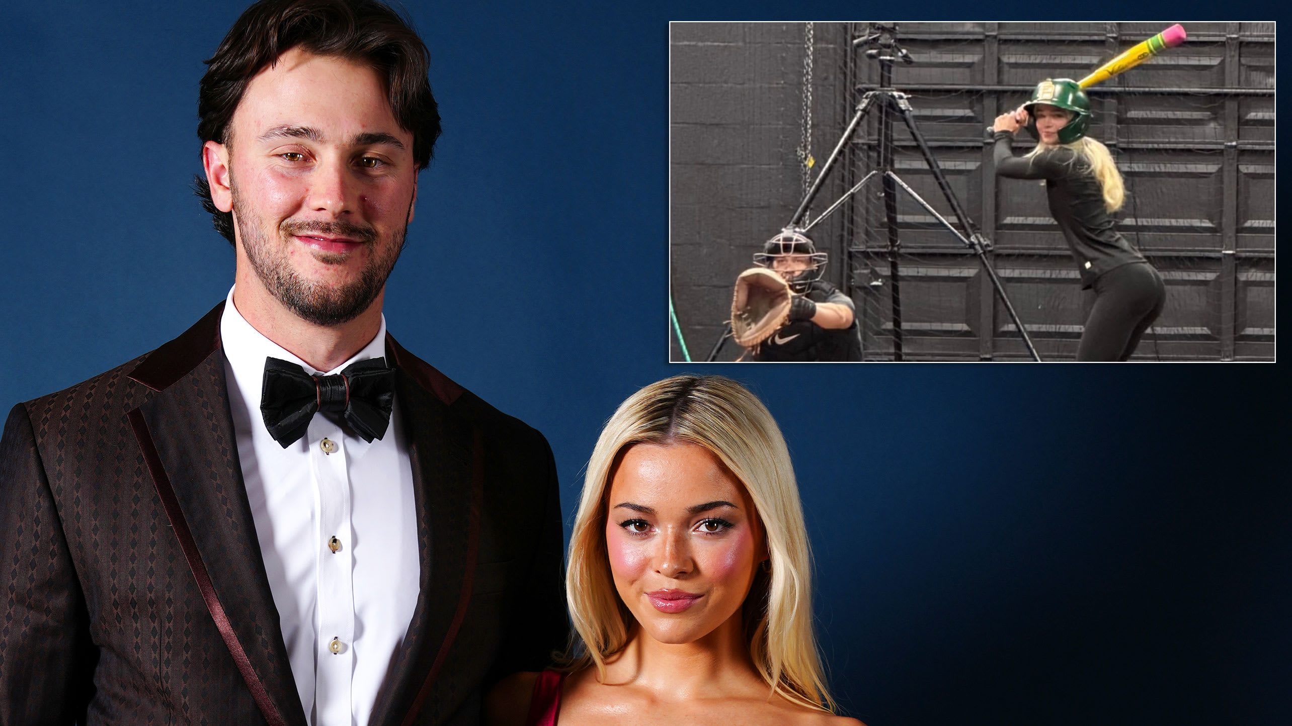 Paul Skenes and Livvy Dunne with an inset of Dunne batting