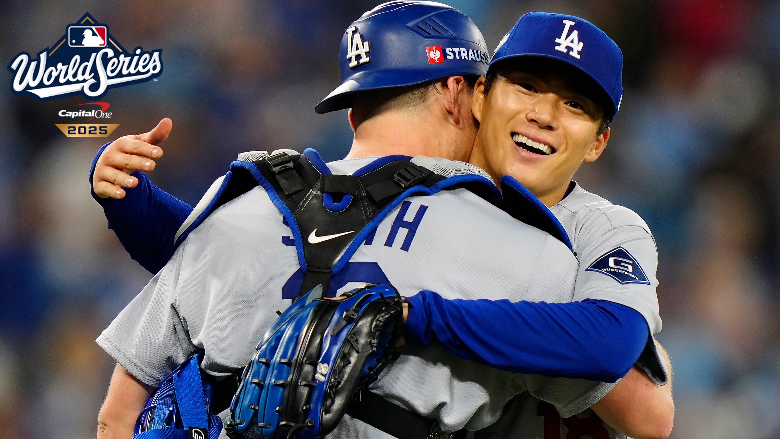 Yoshinobu Yamamoto hugs catcher Will Smith
