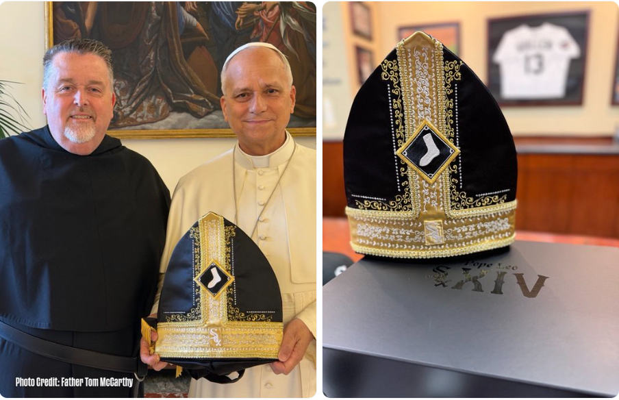 Pope Leo XIV with a White Sox pope hat