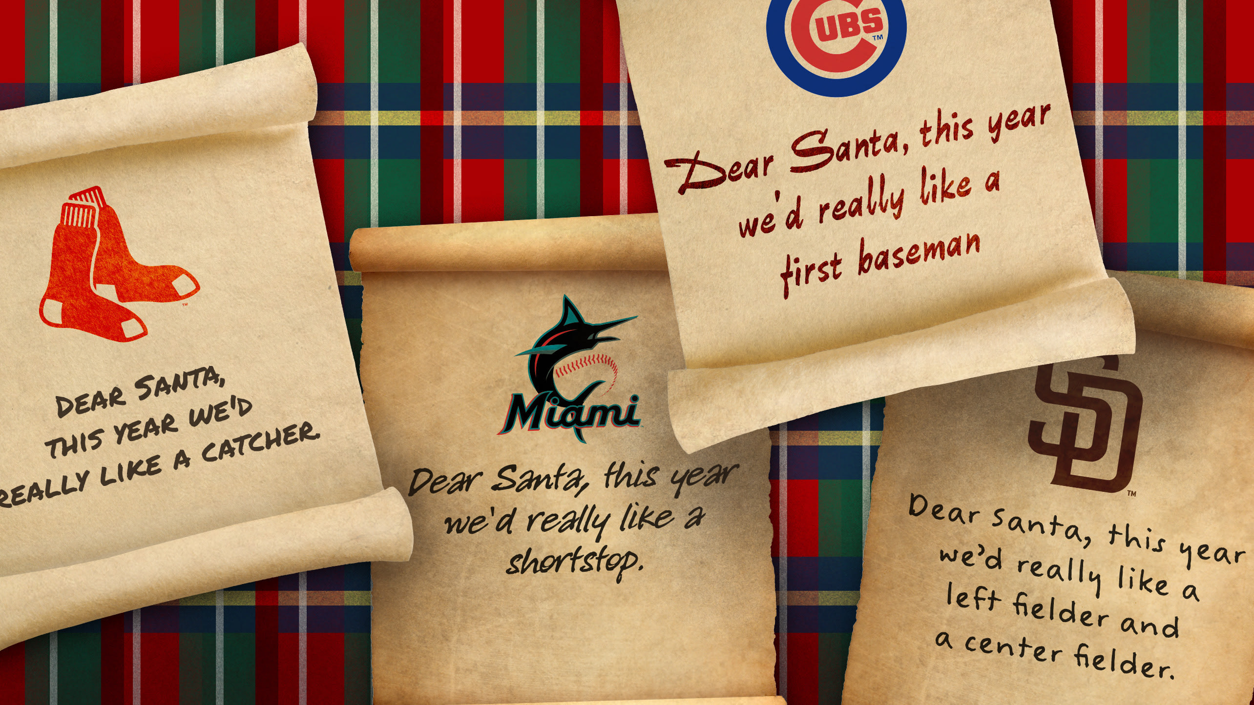 A photo illustration shows notes from teams to Santa Claus about their offseason needs