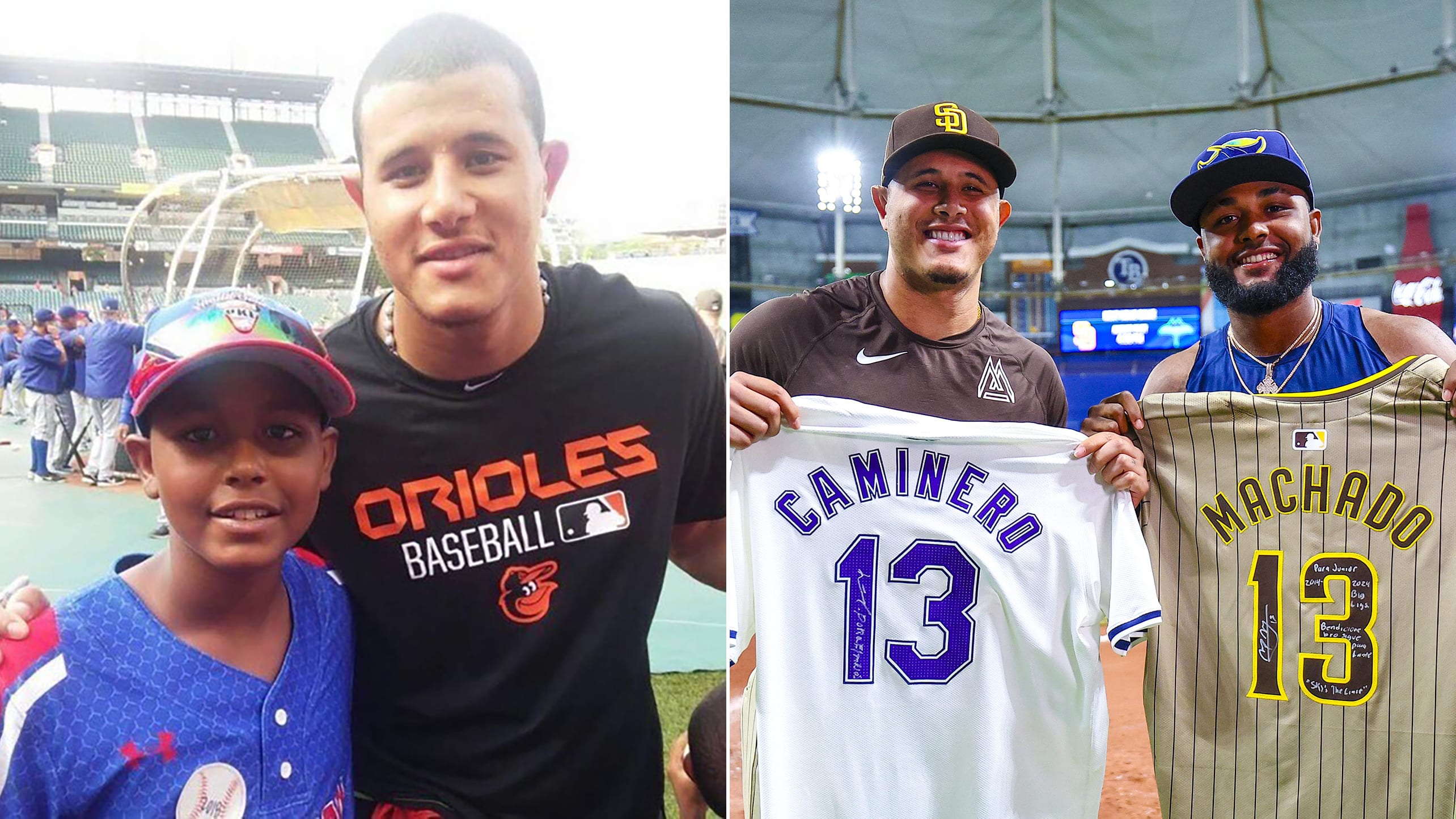 Junior Caminero meeing Manny Machado as a teenager, and as a Major Leaguer after swapping jerseys with the Padres third baseman