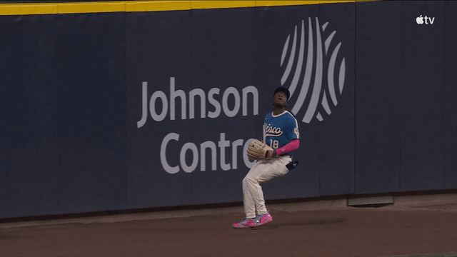 An animated gif of Brewers rookie Luis Lara robbing a home run and extending his arms in celebration