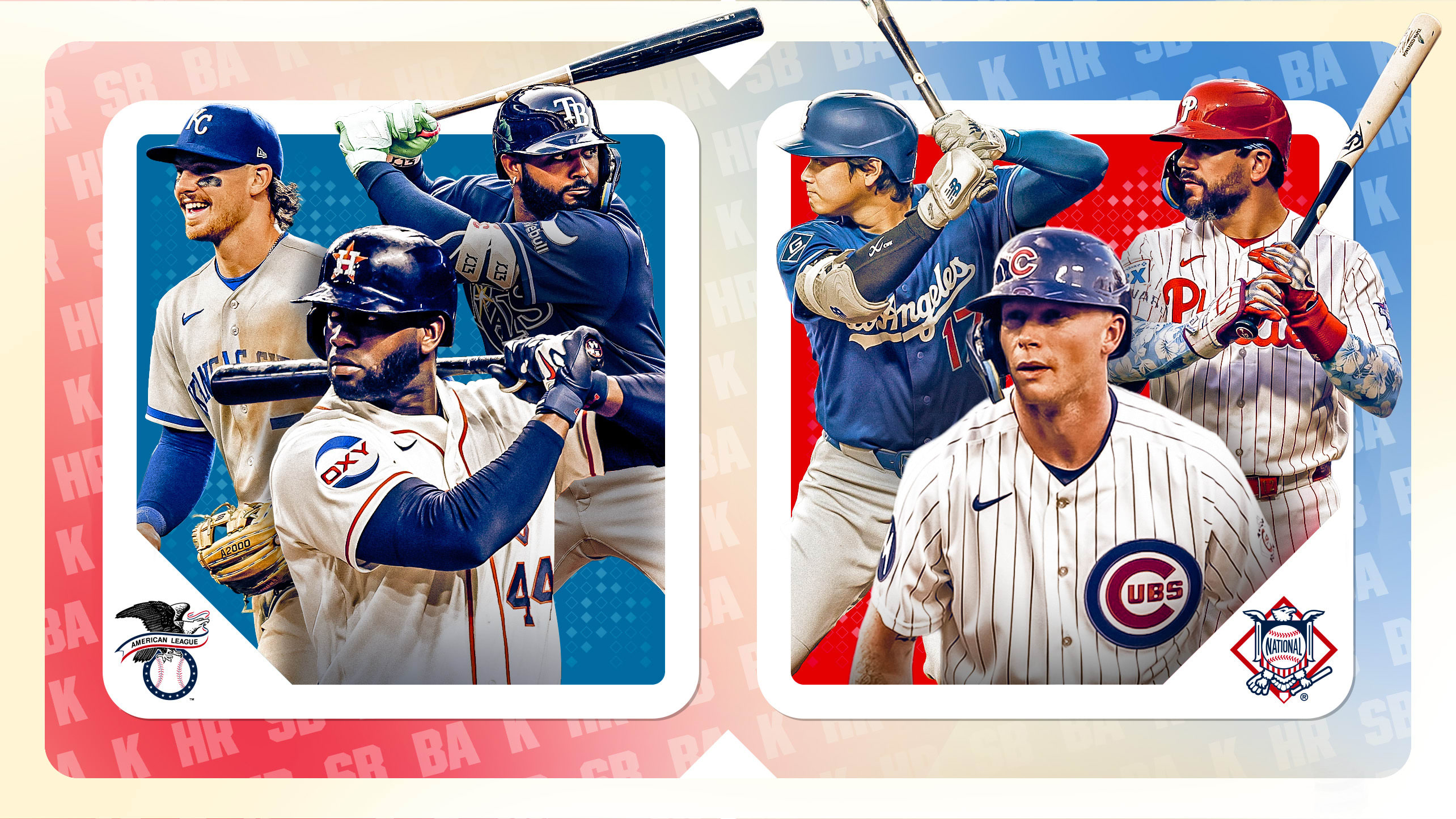Bobby Witt Jr., Yordan Alvarez, Junior Caminero, Shohei Ohtani, Pete Crow-Armstrong and Kyle Schwarber