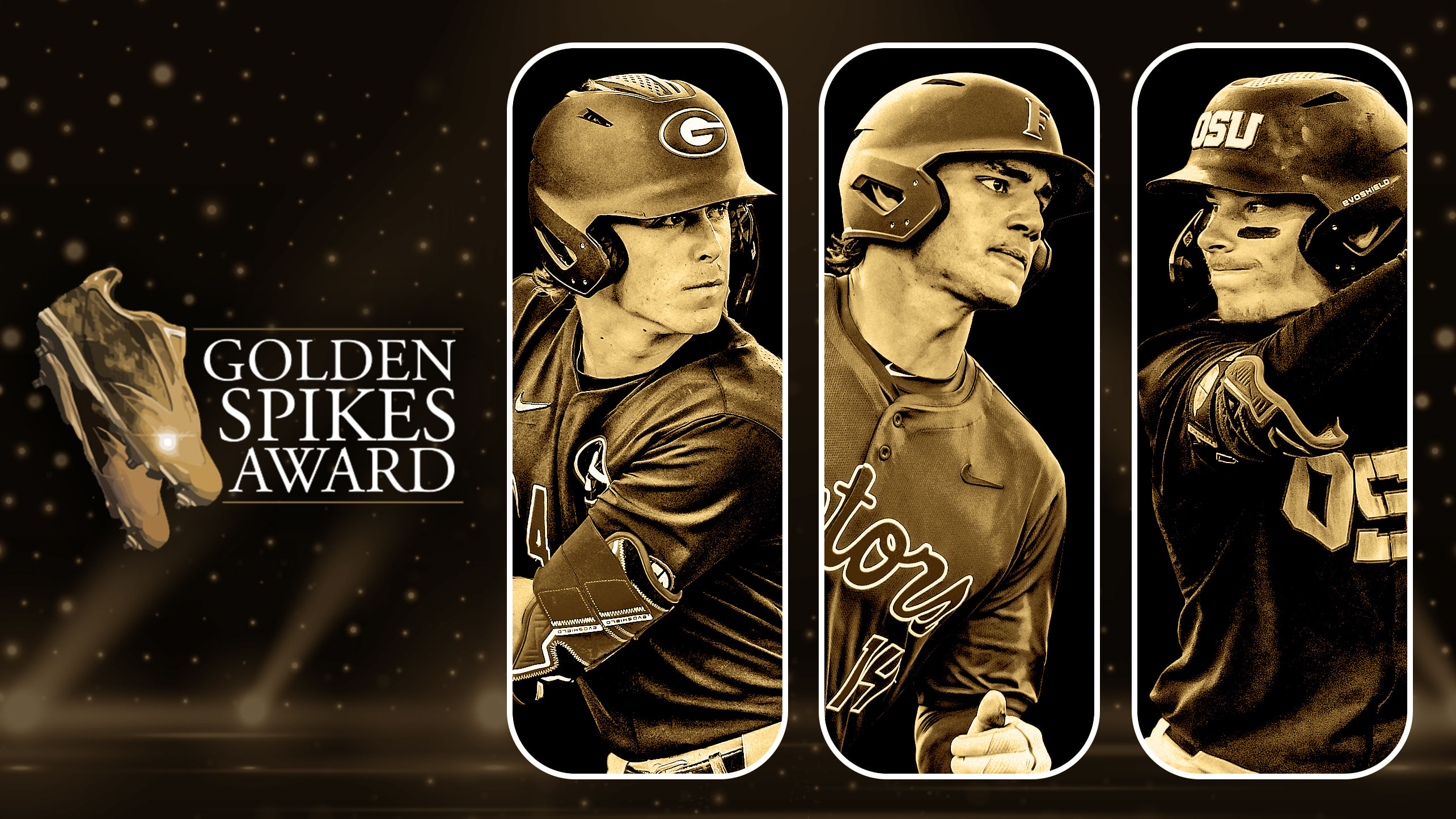 A collage of Golden Spikes semifinalists Charlie Condon, Jac Caglianone and Travis Bazzana
