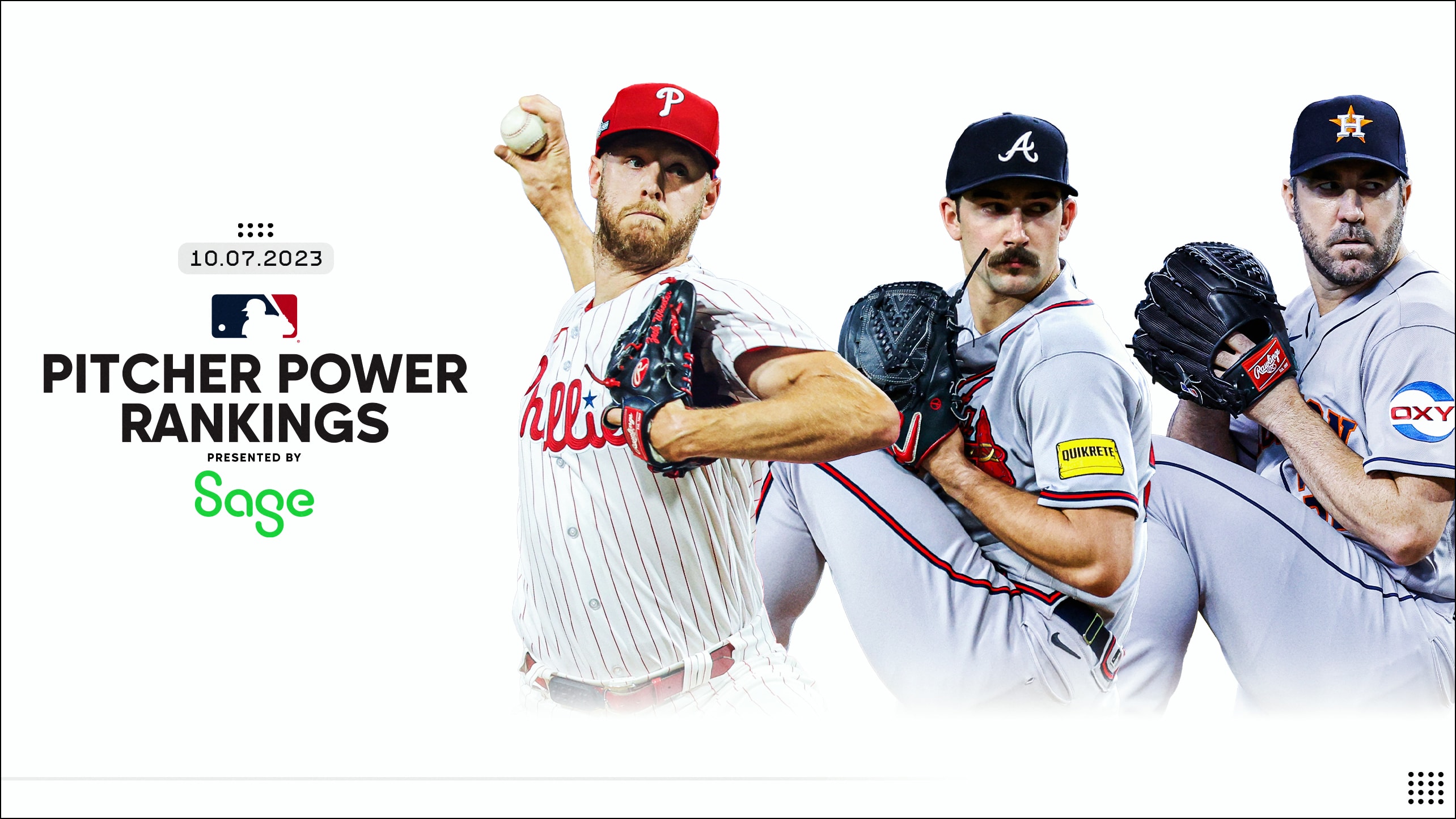 Zack Wheeler, Spencer Strider and Justin Verlander are pictured next to the Pitcher Power Rankings logo