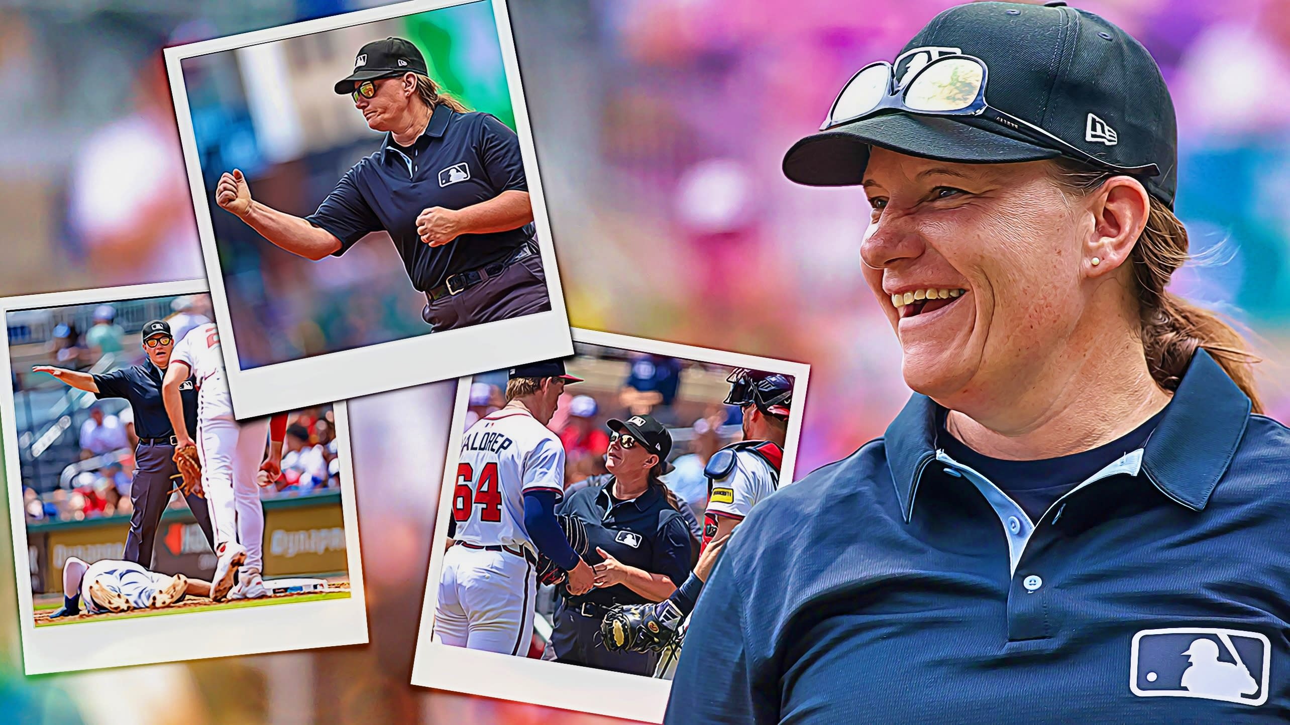 Four images of umpire Jen Pawol