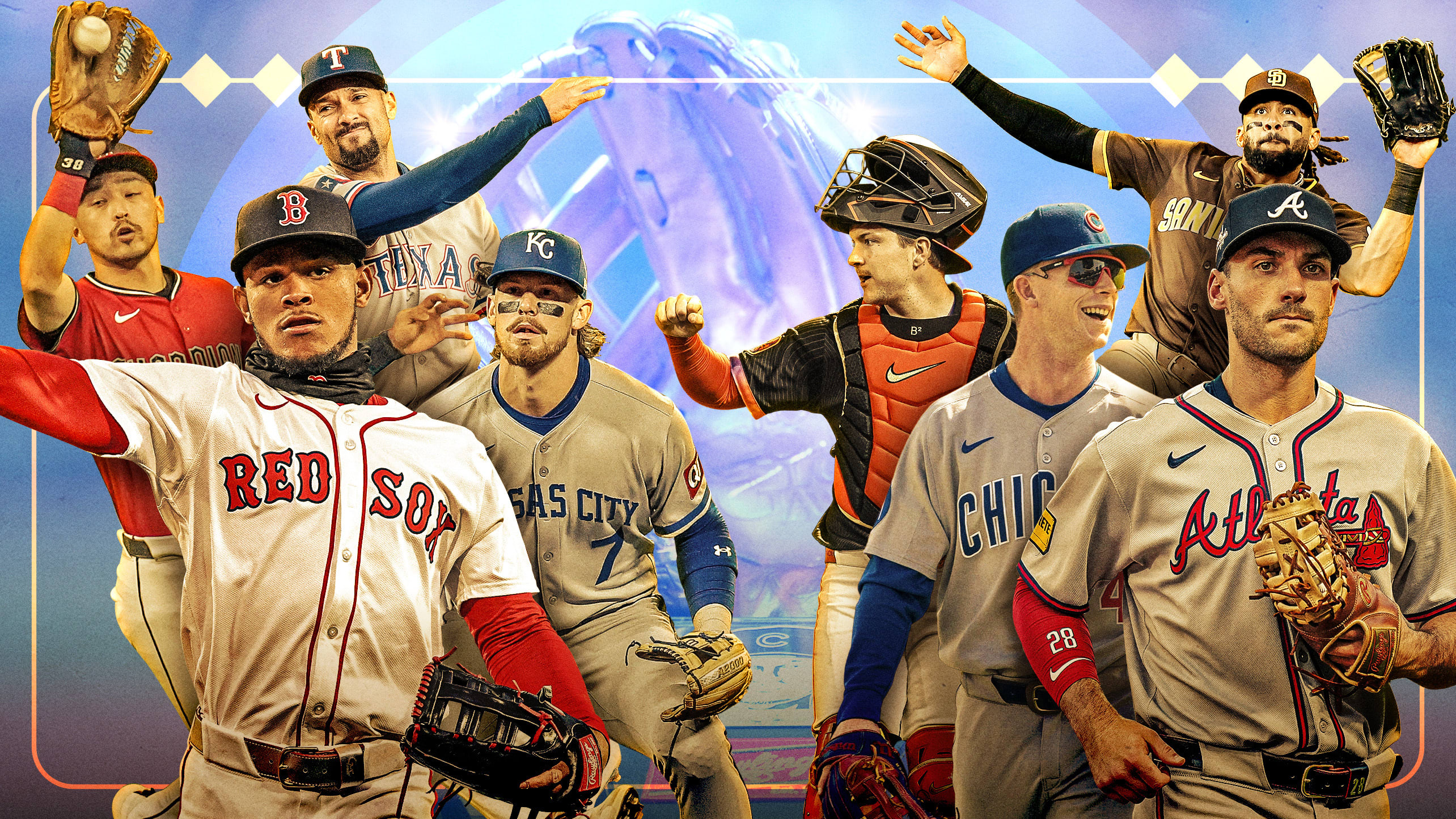 Steven Kwan, Ceddanne Rafaela, Marcus Semien, Bobby Witt Jr., Patrick Bailey, Pete Crow-Armstrong, Fernando Tatis Jr. and Matt Olson