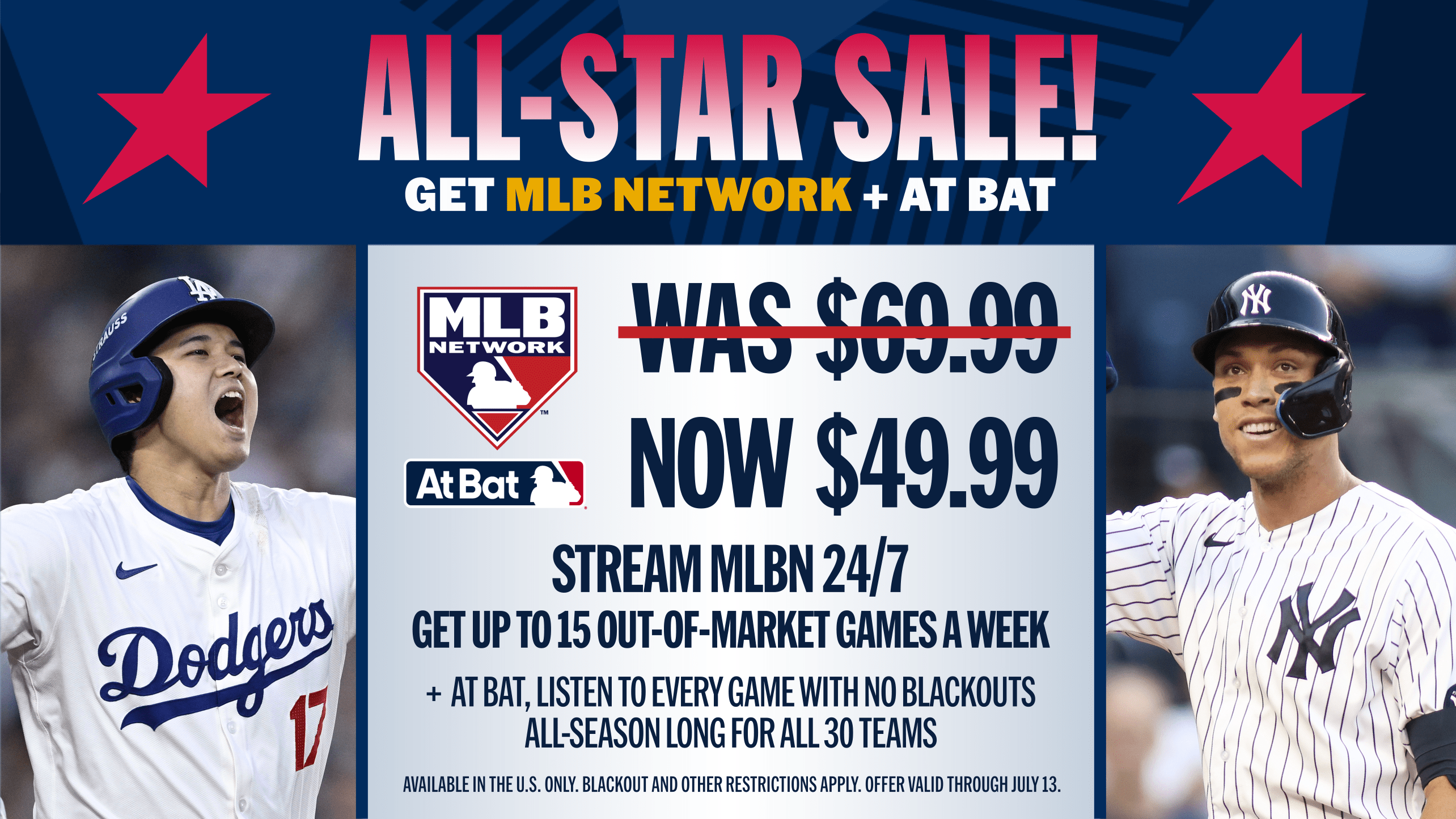 Photos of Shohei Ohtani and Aaron Judge with text about MLB Network's All-Star sale