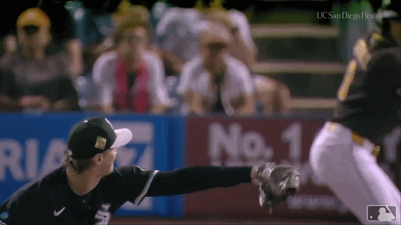 An animated GIF of Jackson Merrill hitting a ground-rule double