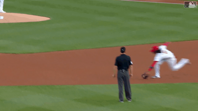 An animated GIF of CJ Abrams making a spinning throw