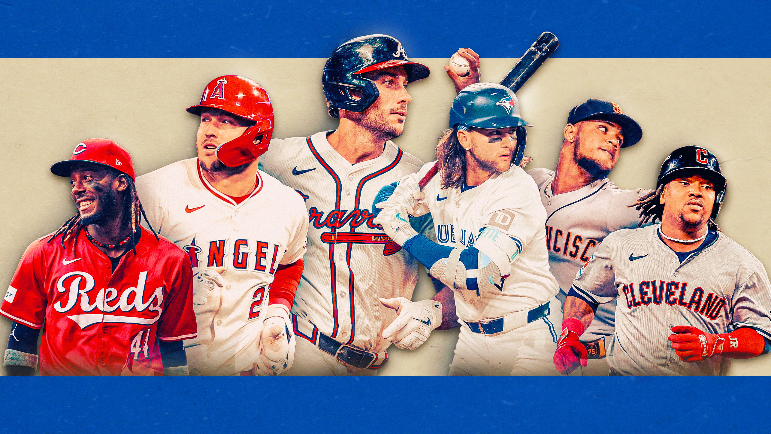 Elly De La Cruz, Mike Trout, Matt Olson, Bo Bichette, Camilo Doval and José Ramírez