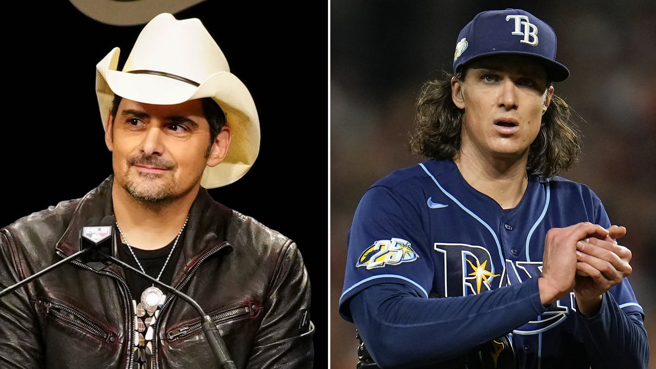 A split photo of Brad Paisley and Tyler Glasnow