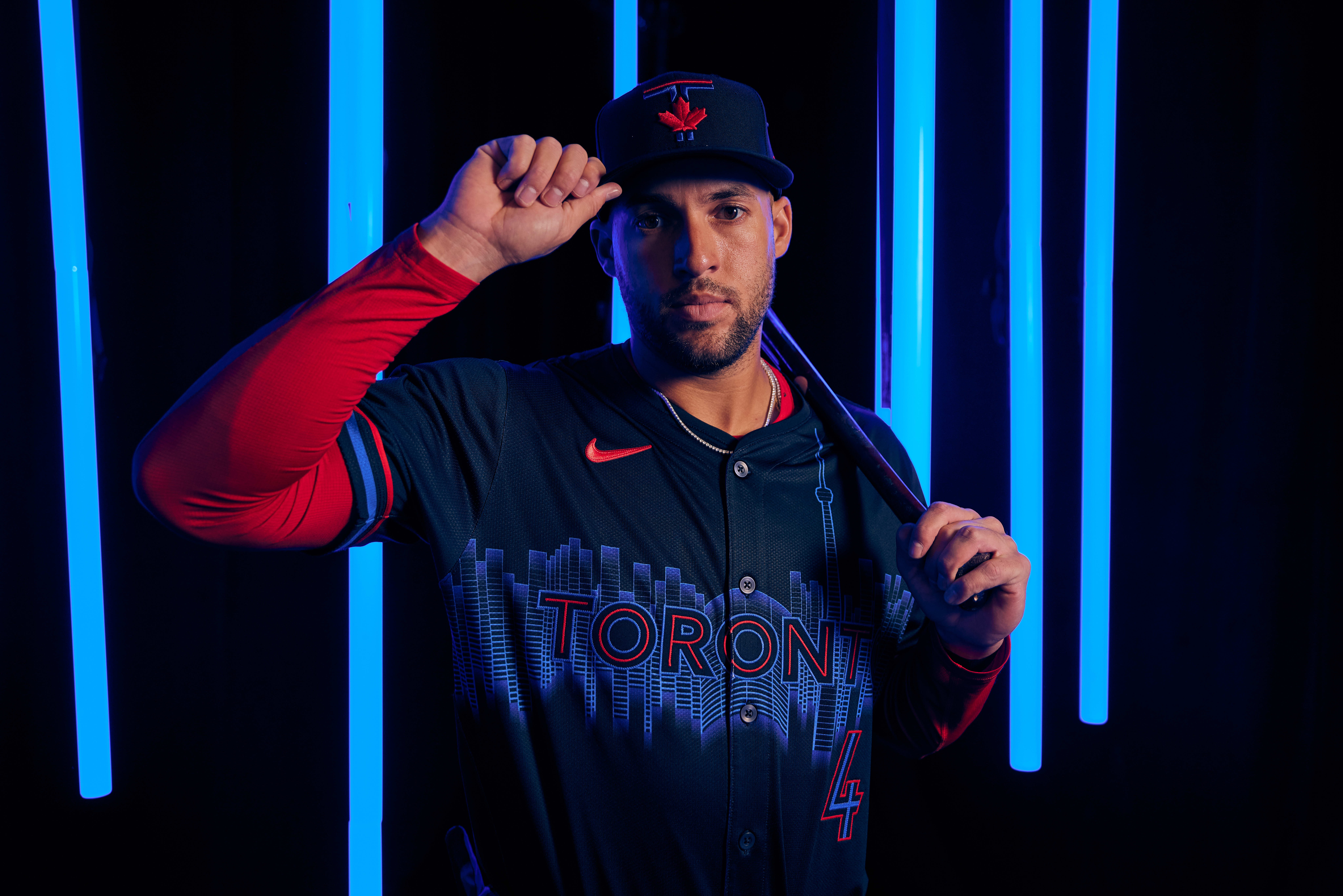 George Springer is pictured in the Blue Jays City Connect uniform