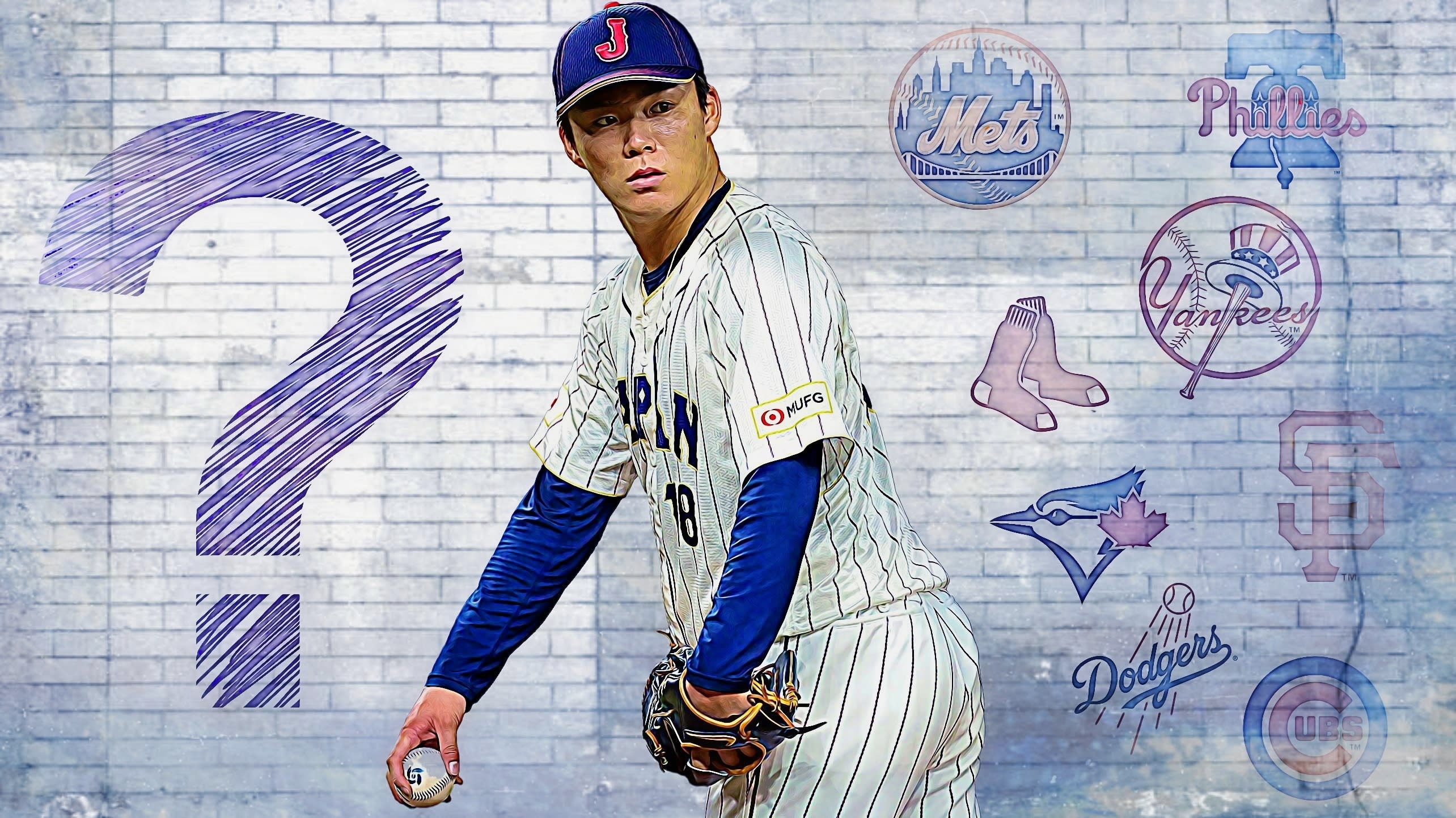 A photo illustration of Yoshinobu Yamamoto against a brick wall with a question mark and 8 team logos