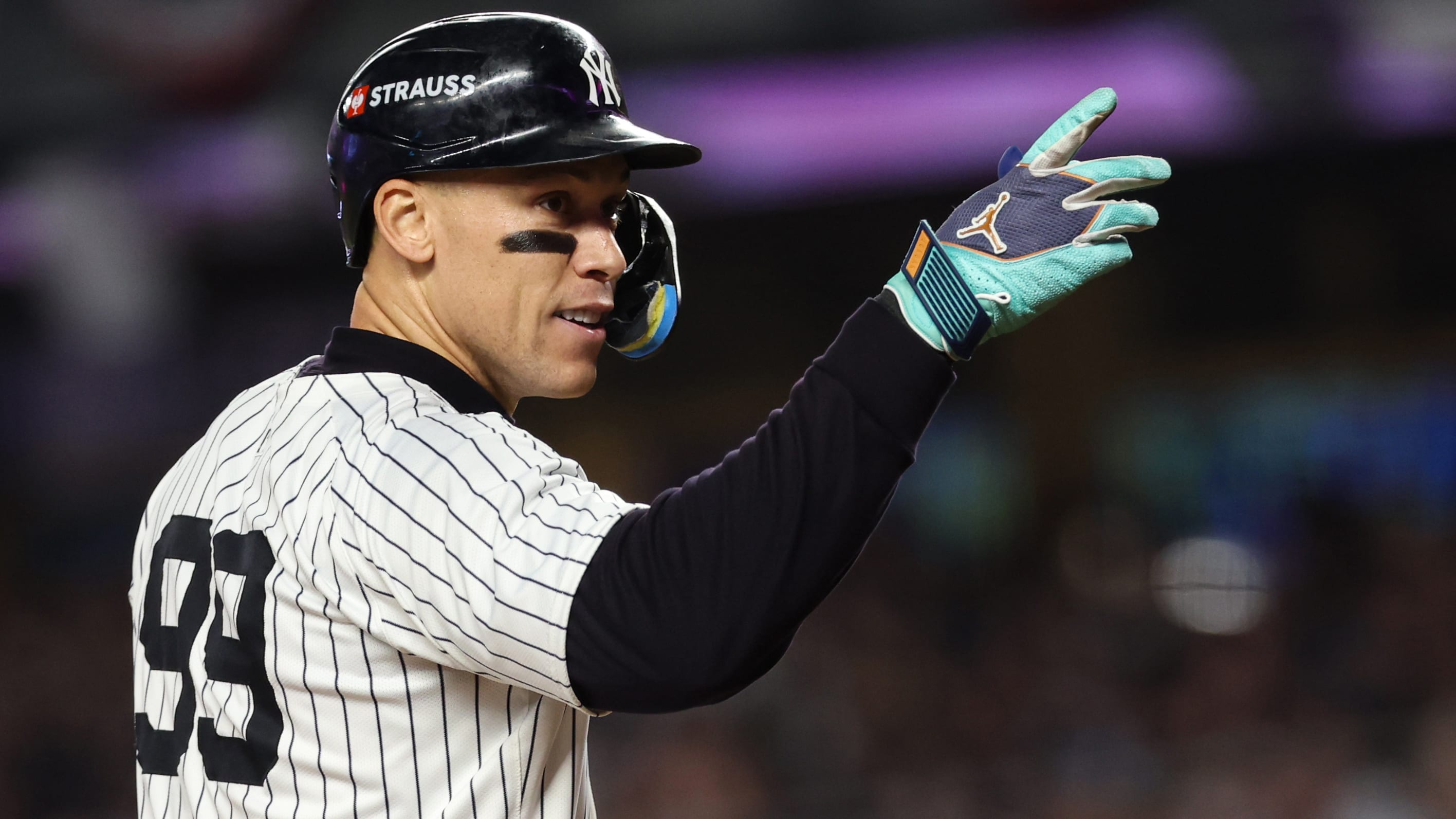 Aaron Judge reacts afer homering against the Dodgers in the World Series