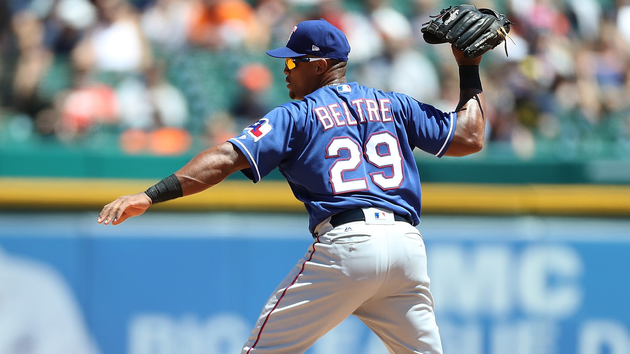 Adrian Beltre prepares to throw his glove