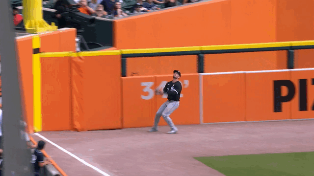An animated gif of Will Robertson robbing a home run