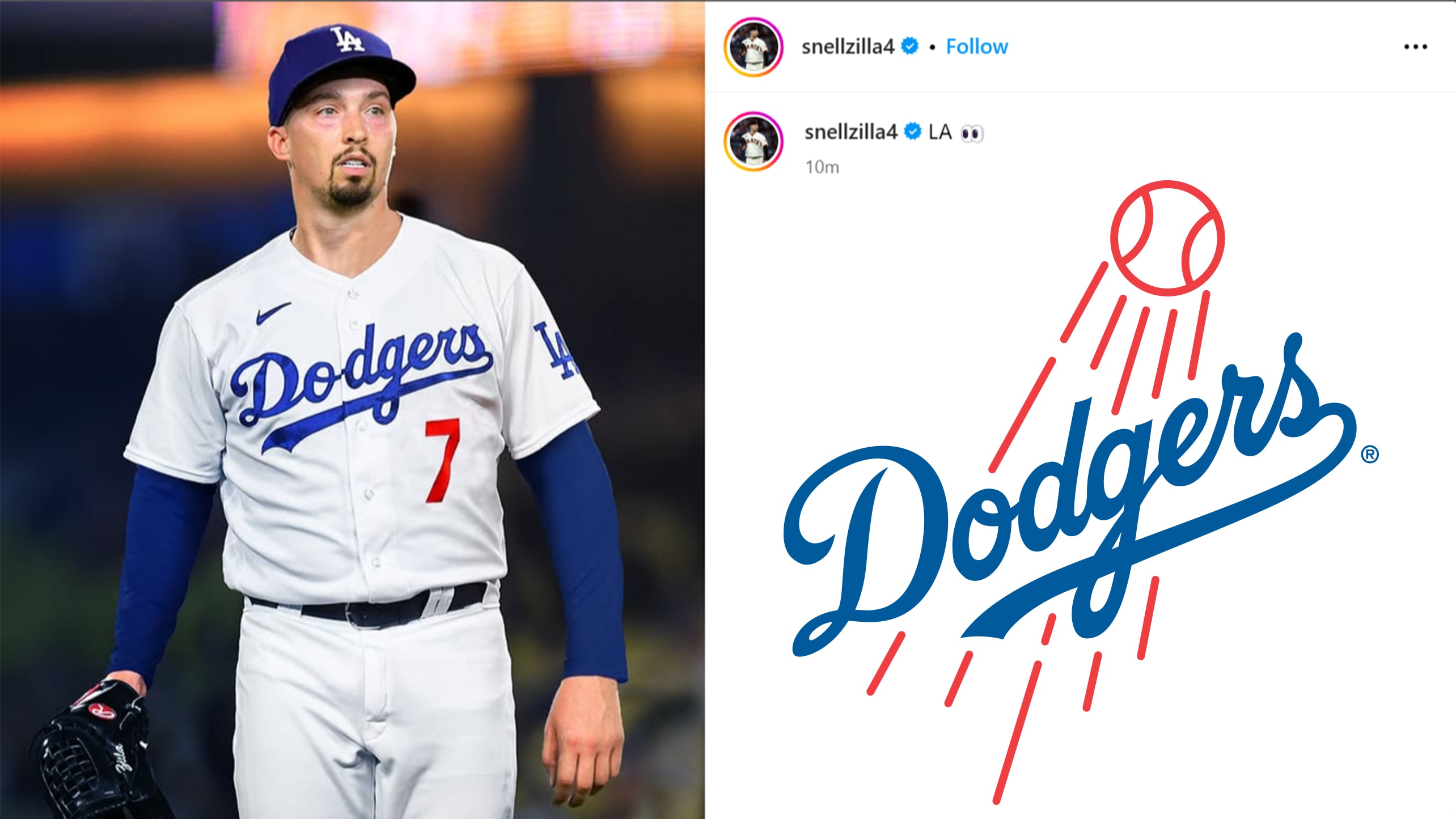 An Instagram post from Blake Snell showing him in a Dodgers uniform