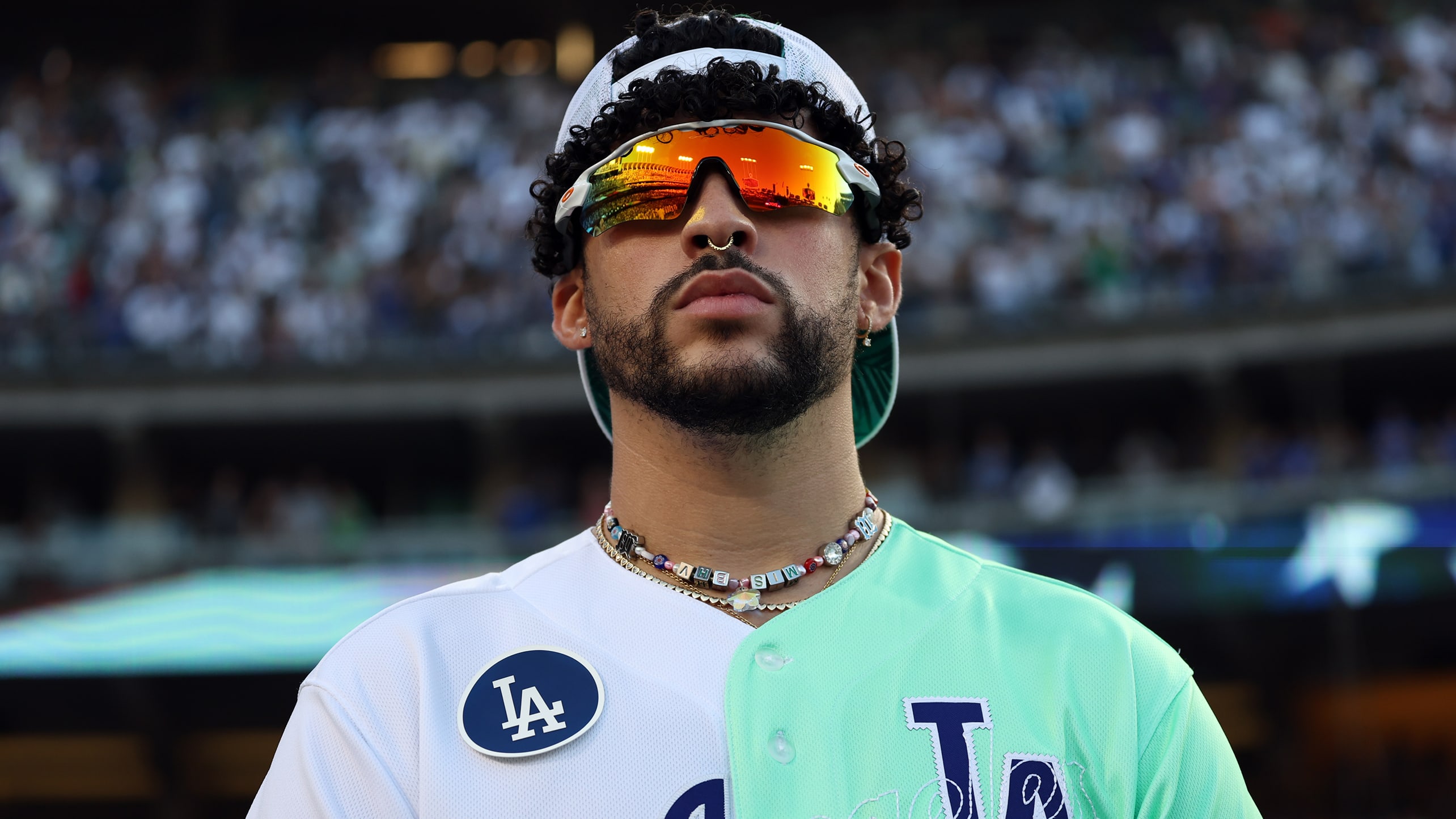 Musician Bad Bunny at an All-Star celebrity softball game