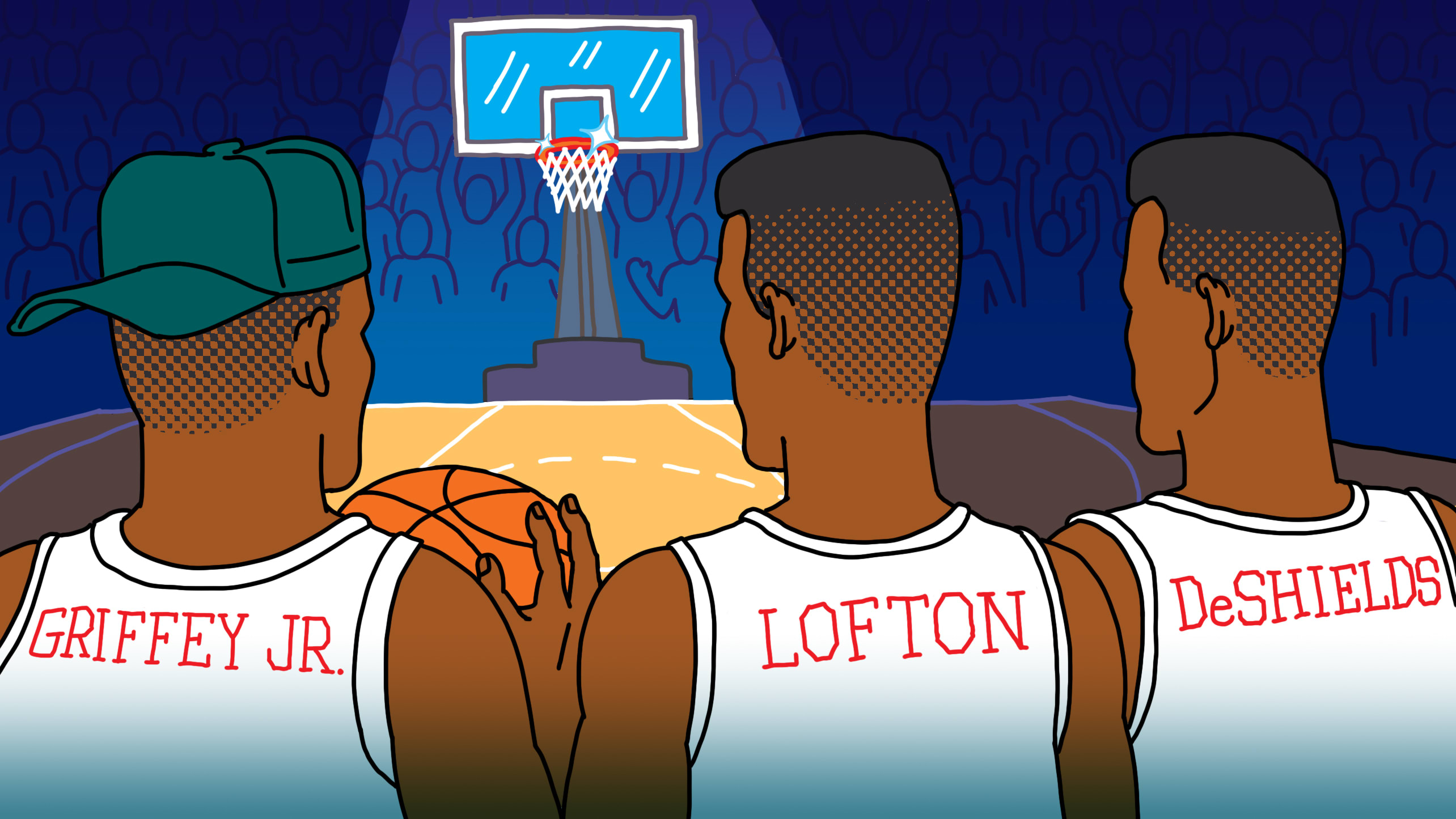 A photo illustration of Ken Griffey Jr., Kenny Lofton and Delino DeShields on a basketball court