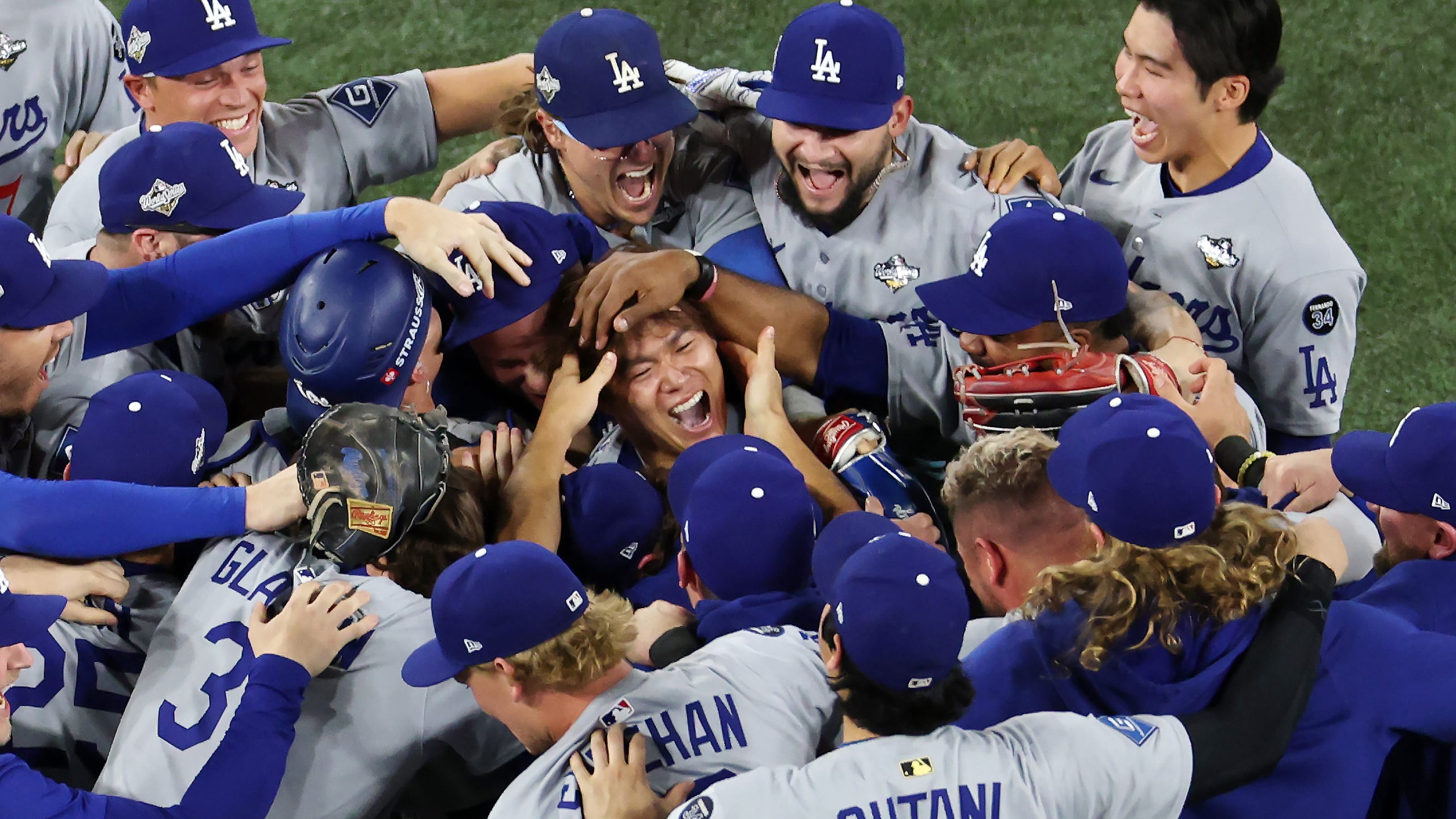 The Dodgers celebrate after winning the World Series