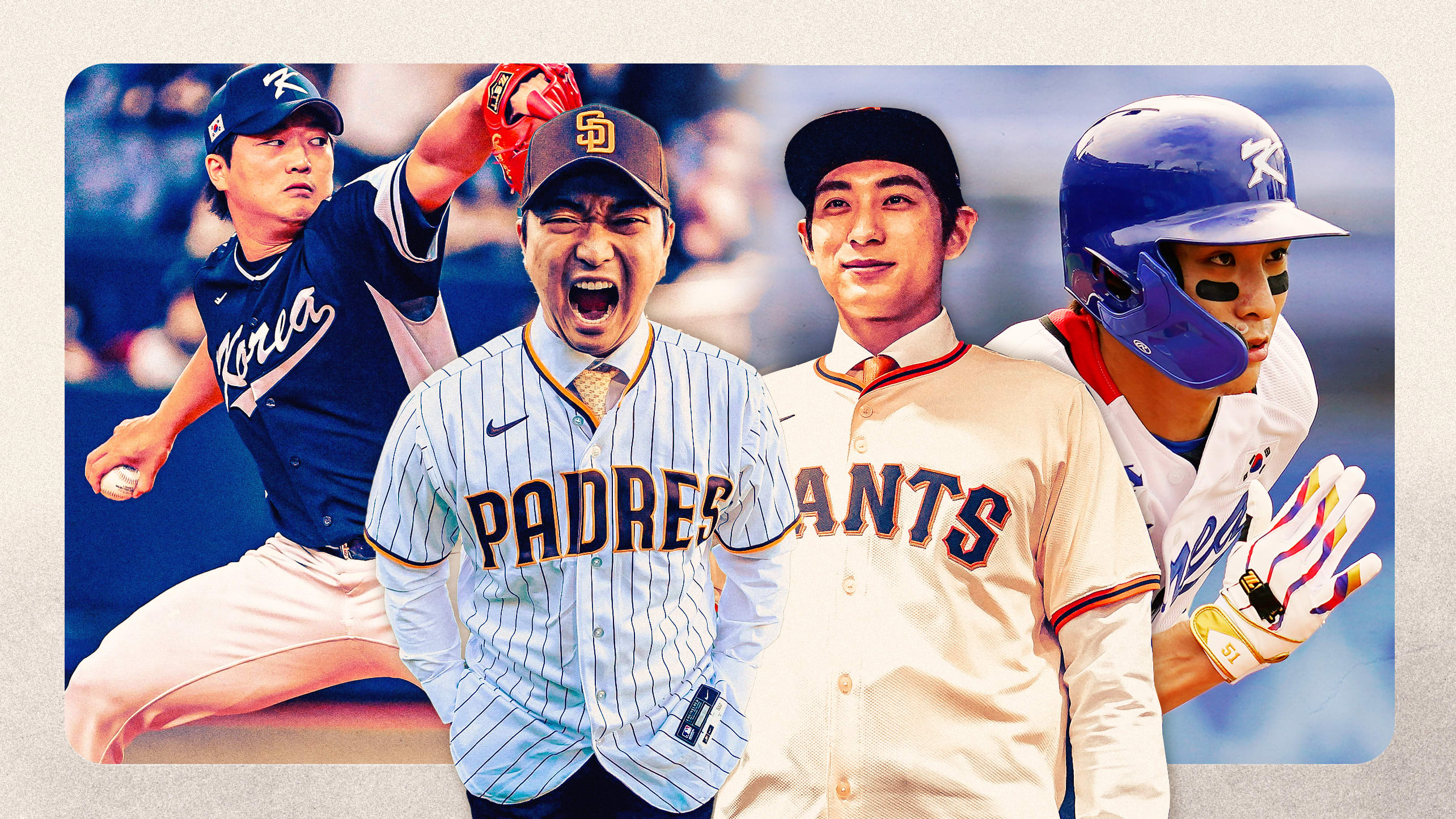 Jung Hoo Lee of the Giants and Woo-Suk Go of the Padres