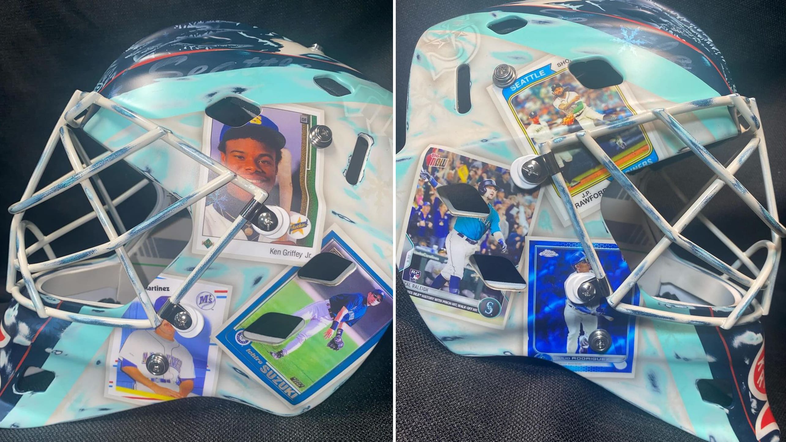 A goalie helmet adorned with baseball cards of Mariners players