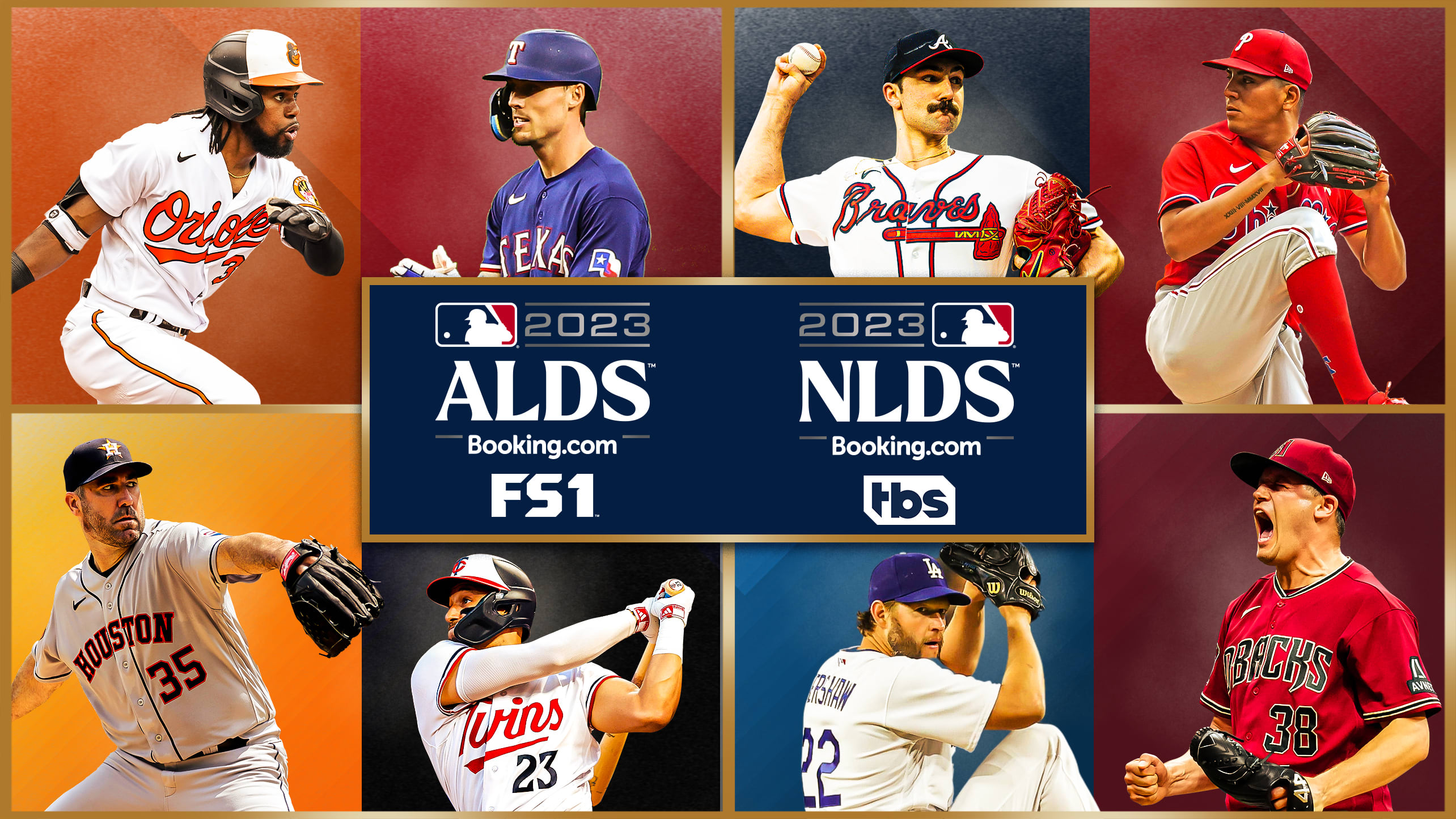 Eight players are pictured around the ALDS and NLDS logos