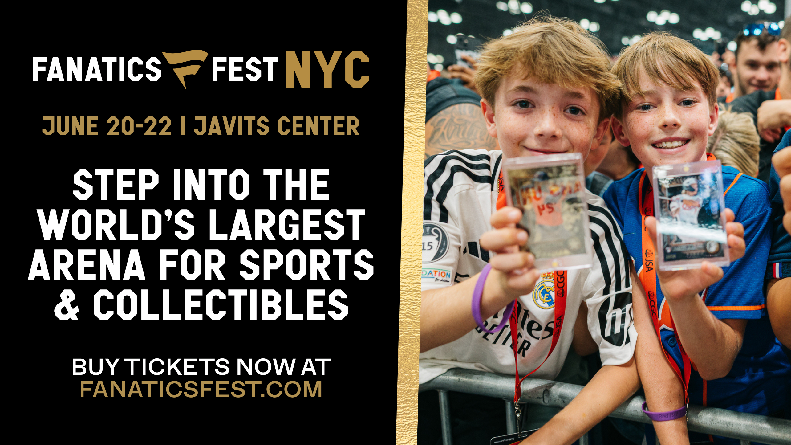 A photo of two kids holding up baseball cards with info about the Fanatics Fest