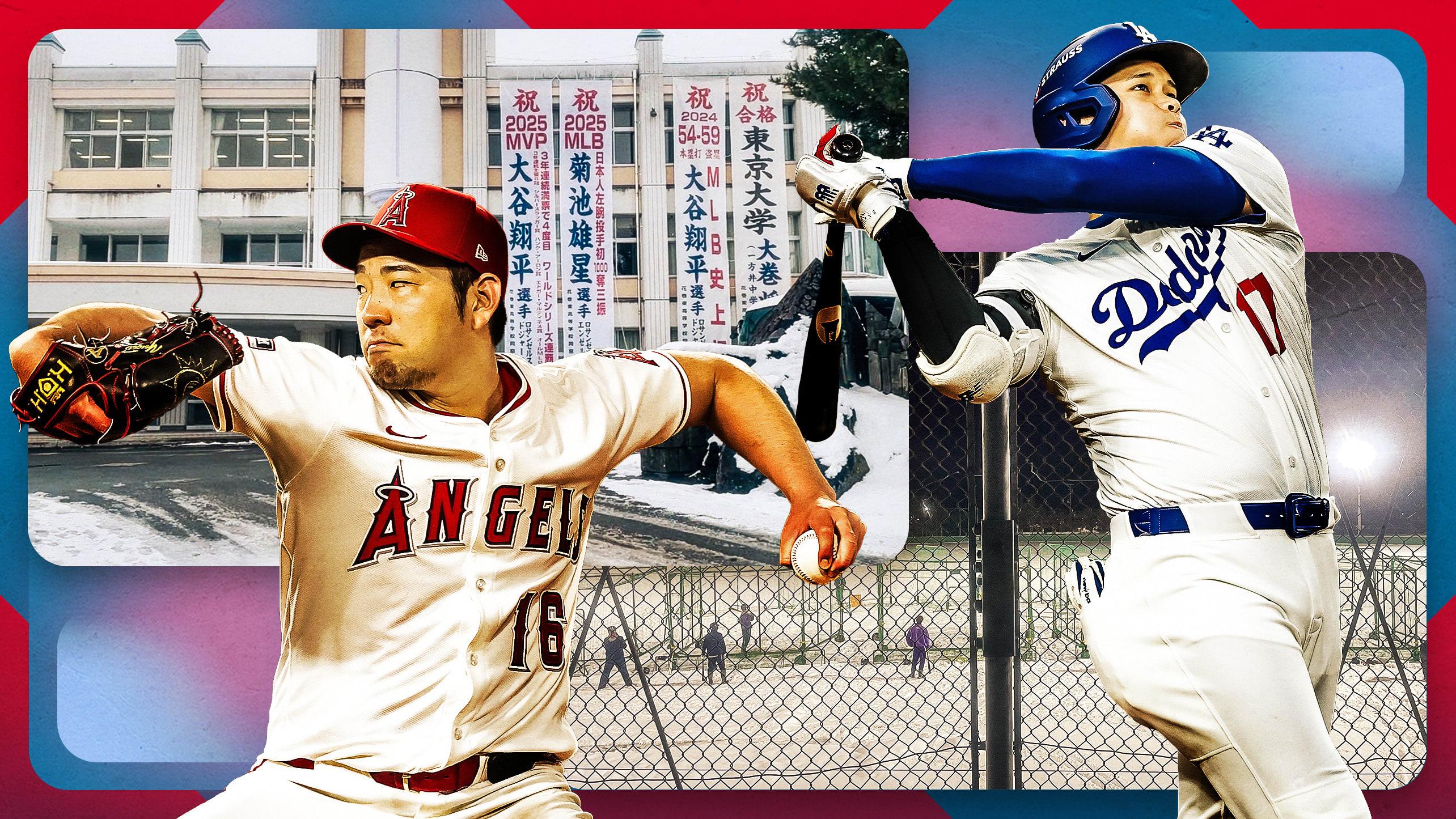 A graphic with Yusei Kikuchi and Shohei Ohtani in front of Hanamaki Higashi High School