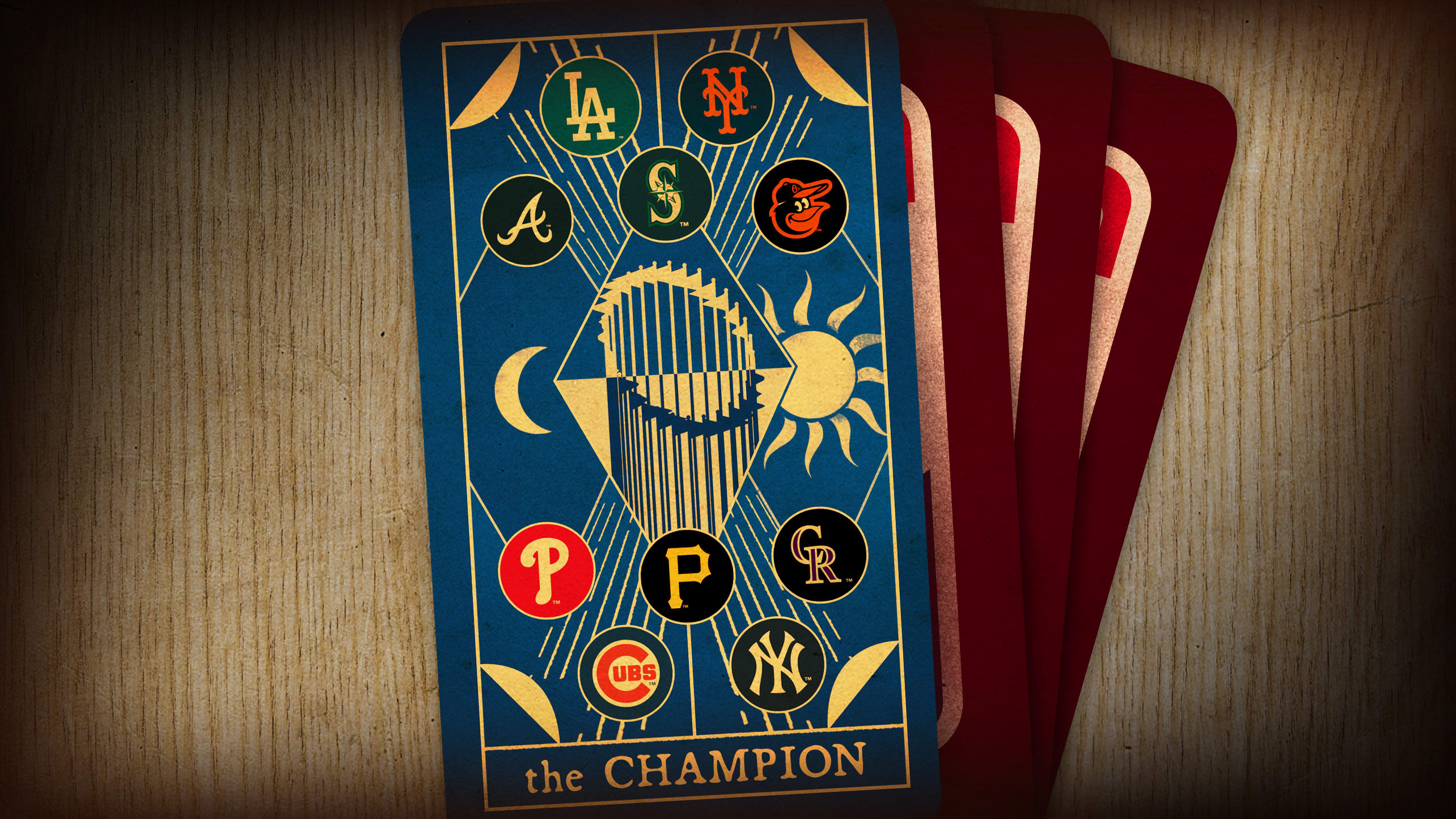 A card featuring the logos of 10 MLB teams, the Commissioner's Trophy and the text ''the CHAMPION''