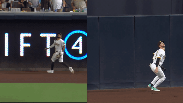 An animated gif showing home run robberies by Fernando Tatis Jr. and Jackson Merrill side-by-side