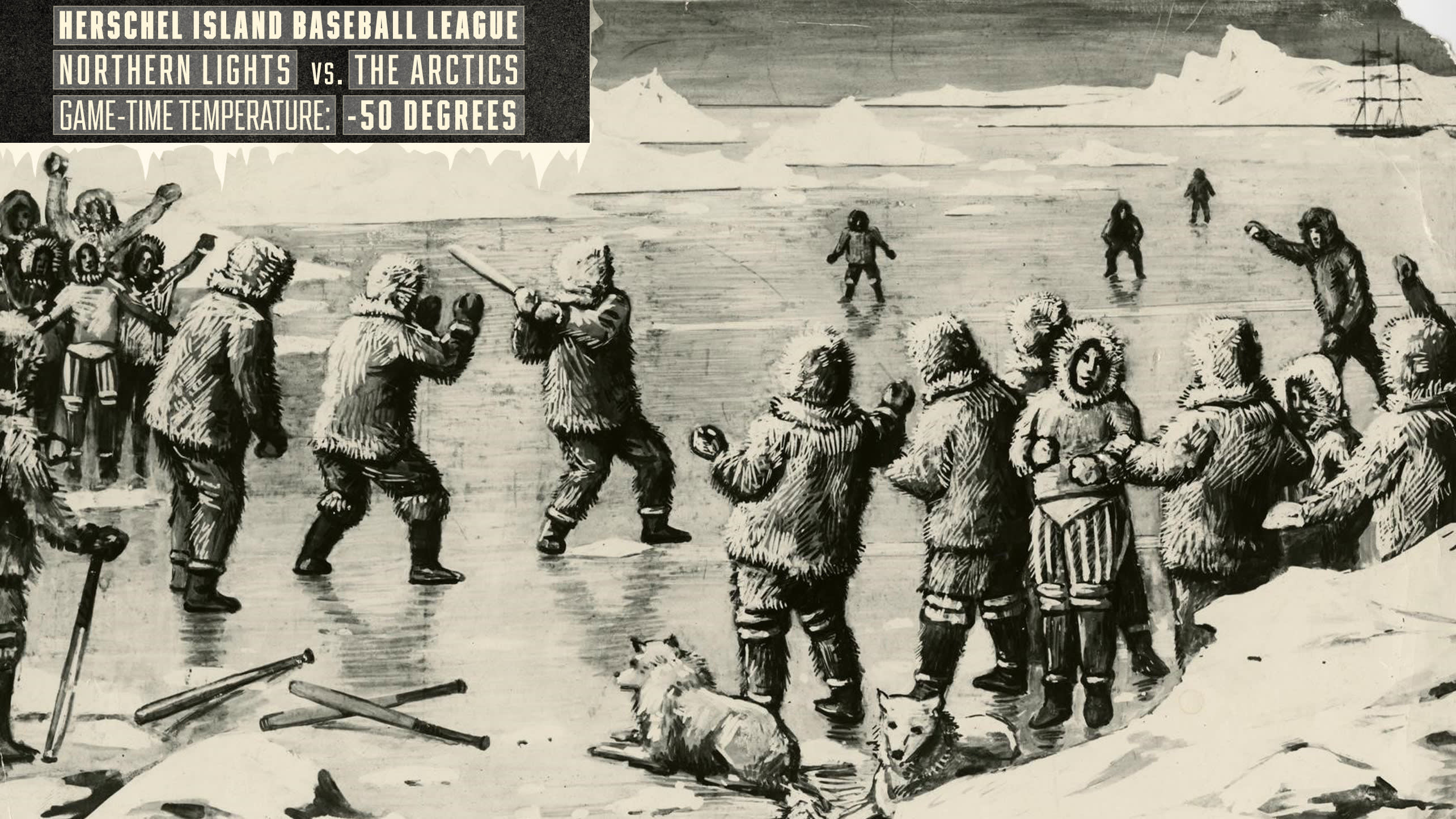 An illustration of people wearing winter clothing playing baseball on a field of ice