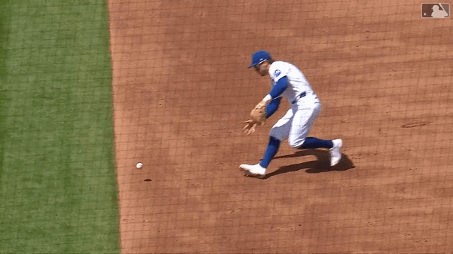 An animated gif of Nico Hoerner flipping the ball between his legs