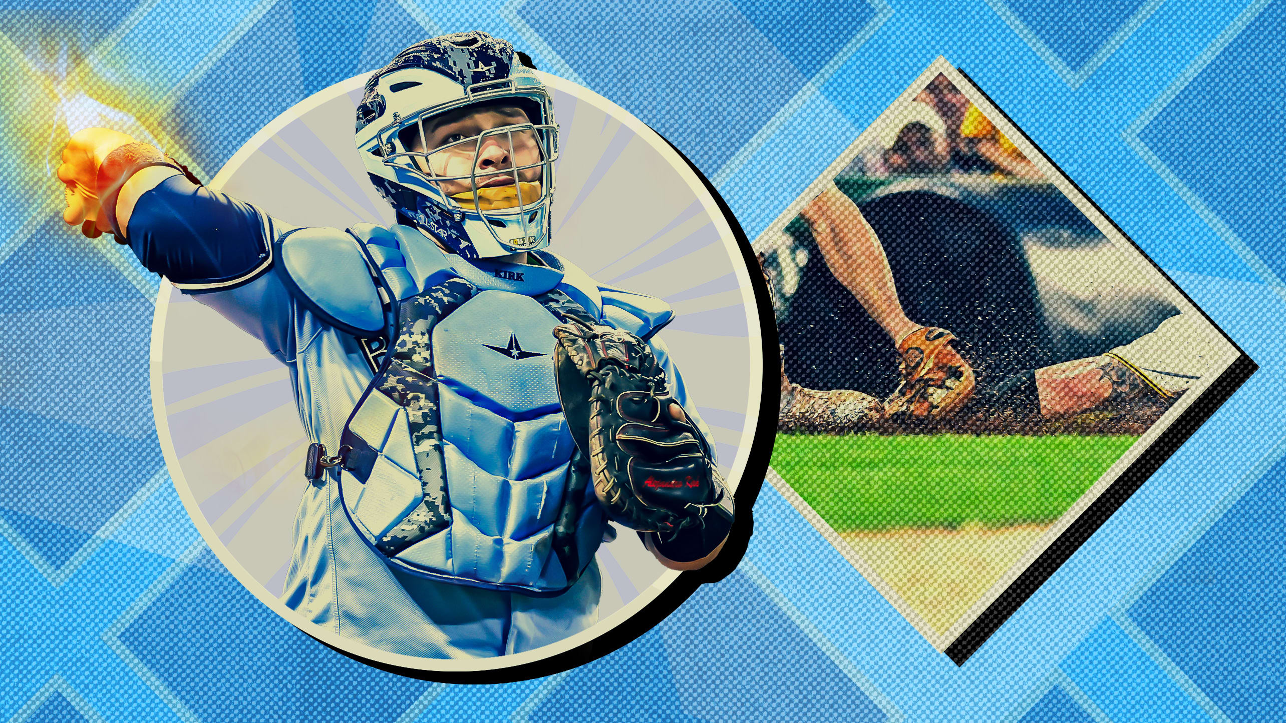 A designed image showing Alejandro Kirk and a runner being tagged on a stolen base attempt