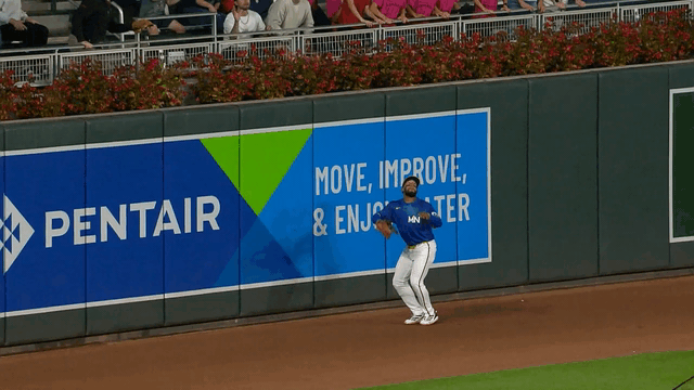 An animated gif of Twins rookie Emmanuel Rodriguez making a leaping catch at the wall and falling to the ground