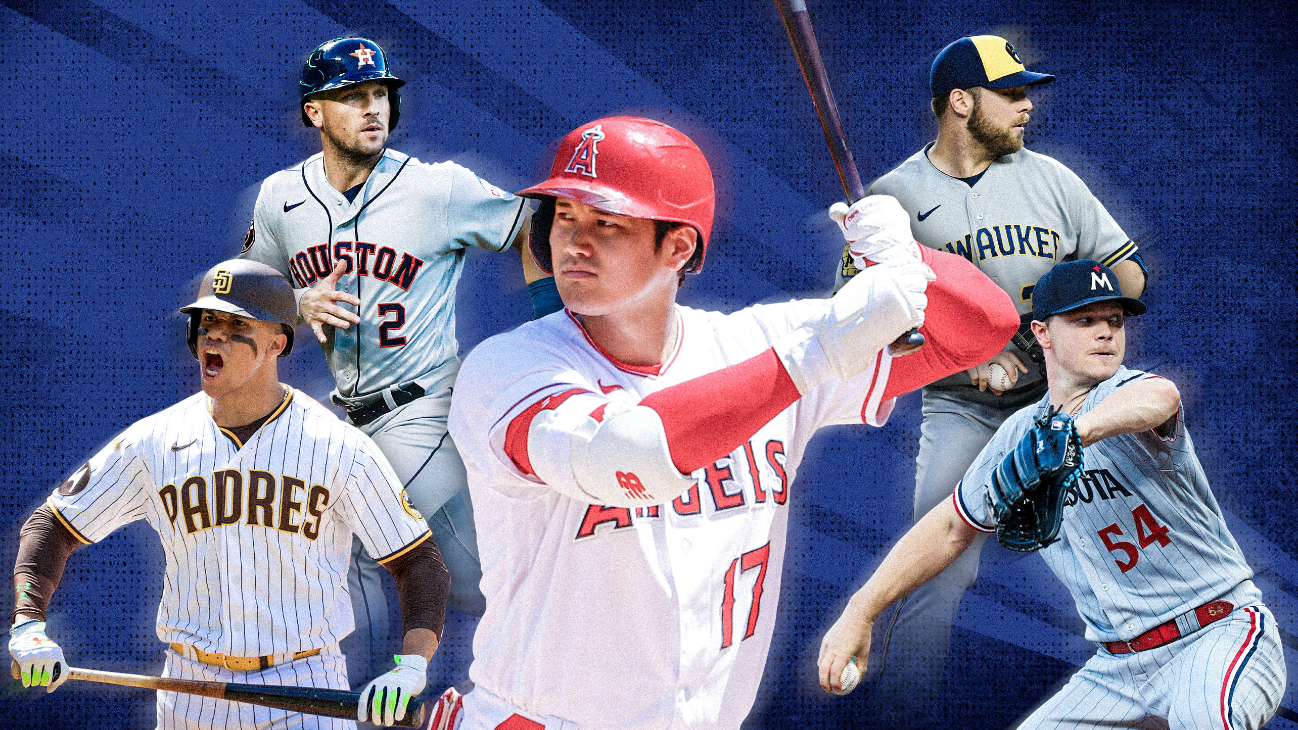 A photo illustration featuring Juan Soto, Alex Bregman, Shohei Ohtani, Corbin Burnes and Sonny Gray