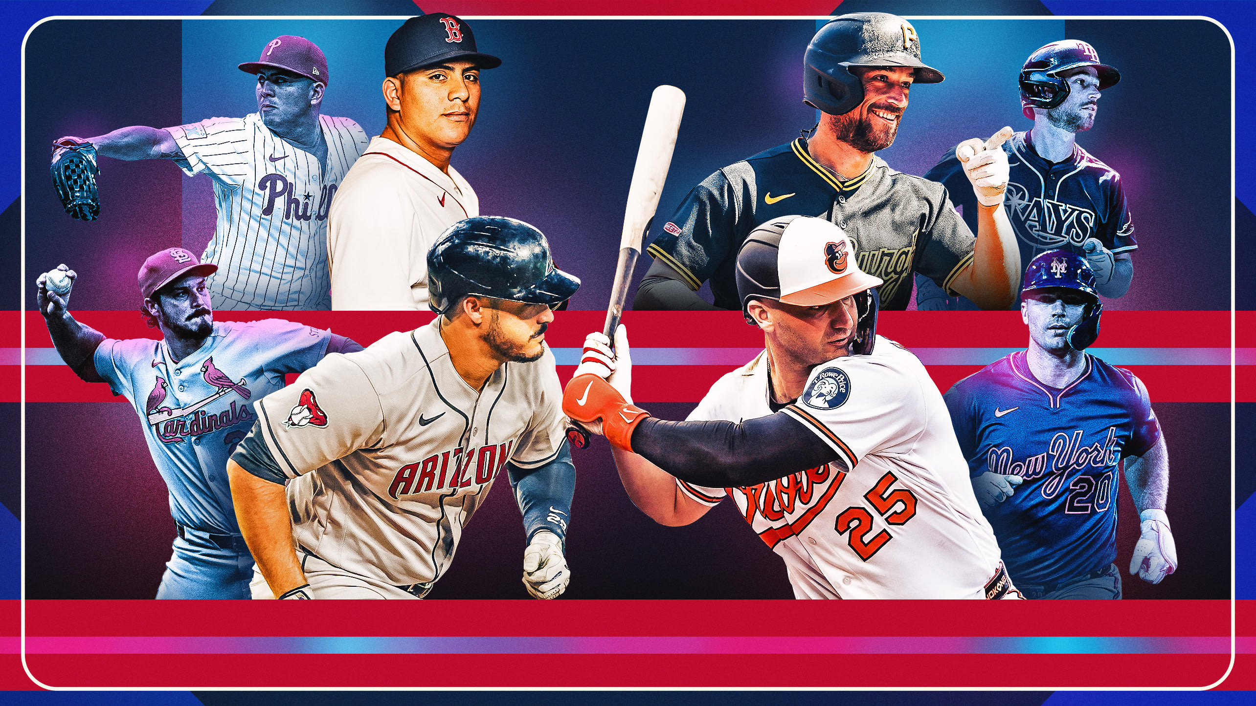 Images of Ranger Suarez with the Red Sox and Phillies, Brandon Lowe with the Pirates and Rays, Pete Alonso with the Orioles and Mets, and Nolan Arenado with the D-backs and Cardinals