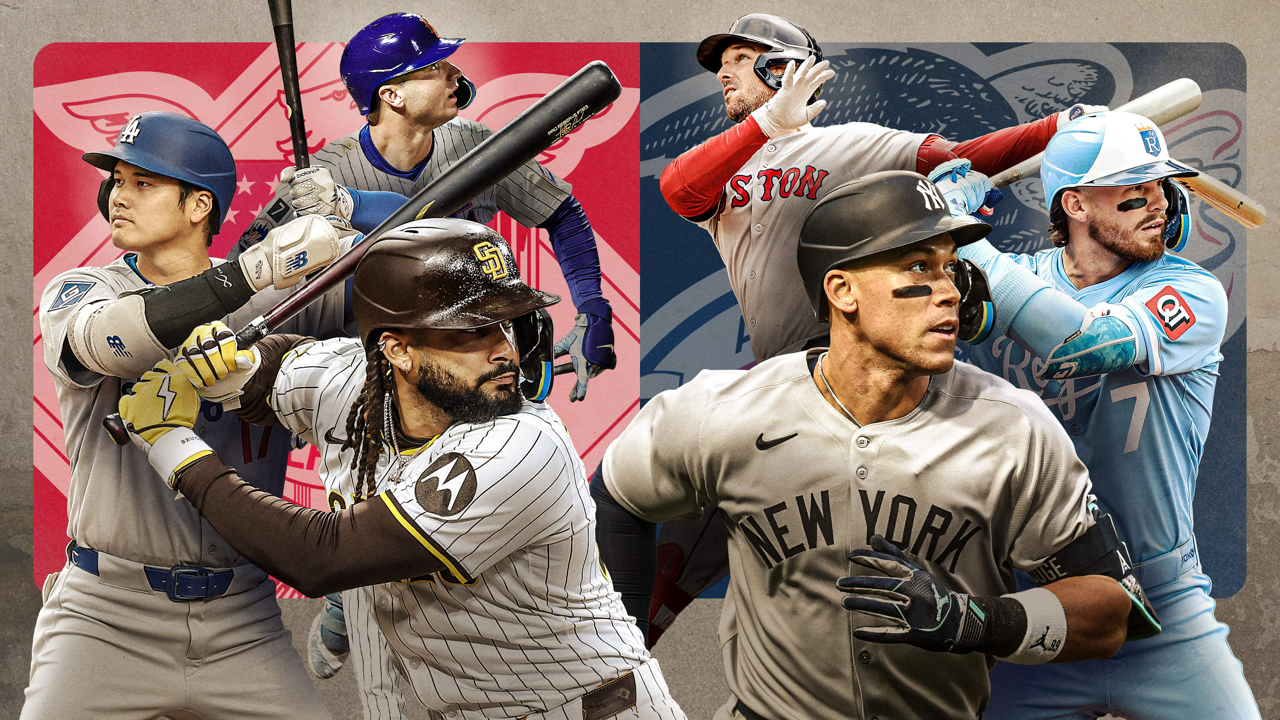 A designed image of Fernando Tatis Jr., Shohei Ohtani, Pete Alonso, Aaron Judge, Bobby Witt Jr. and Alex Bregman
