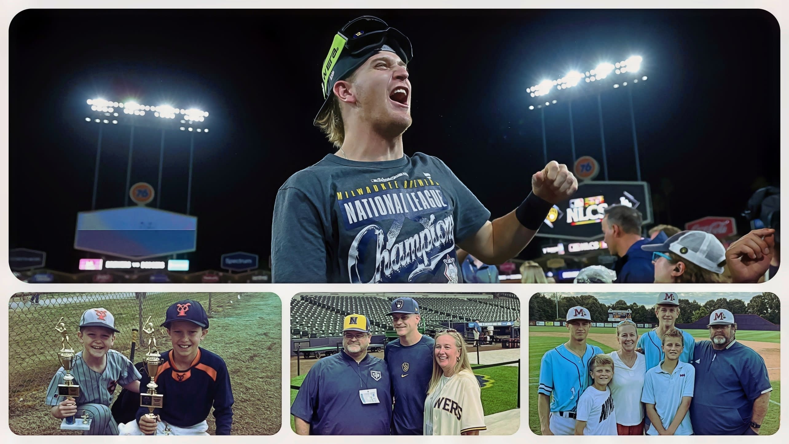 Four images of Cooper Pratt from childhood to playing for the Brewers