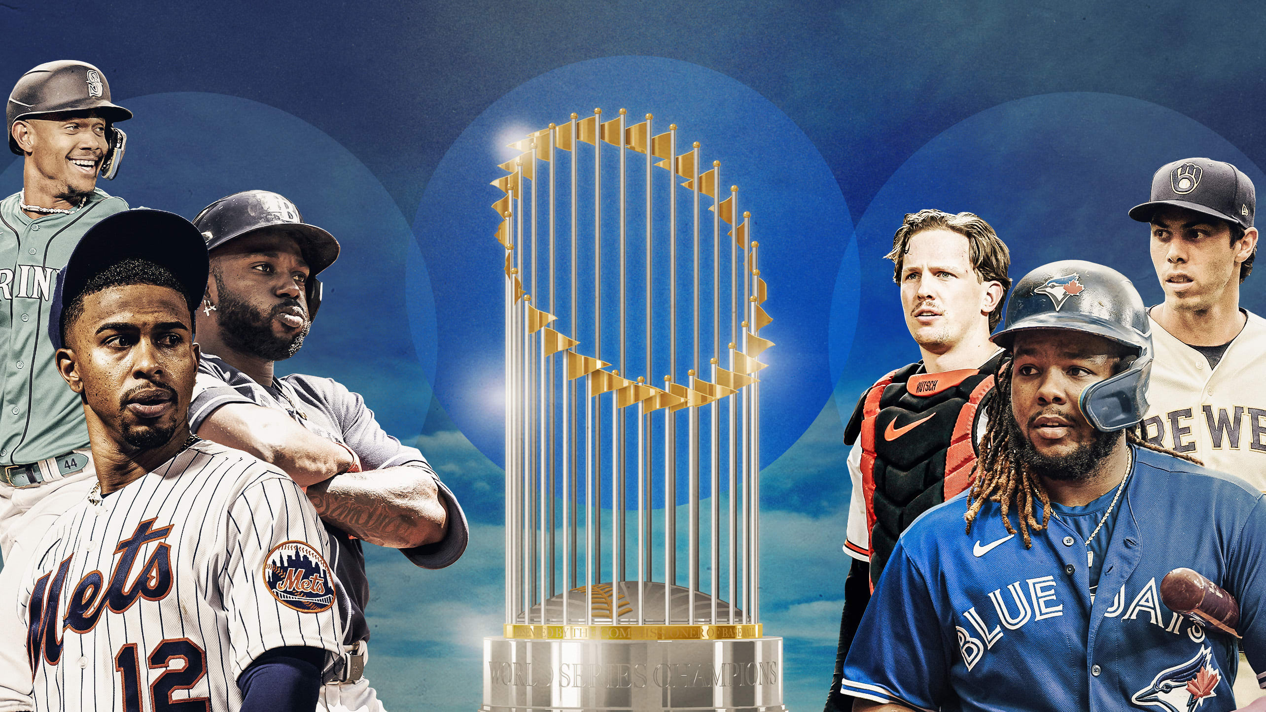 MLB players look longingly at the World Series trophy