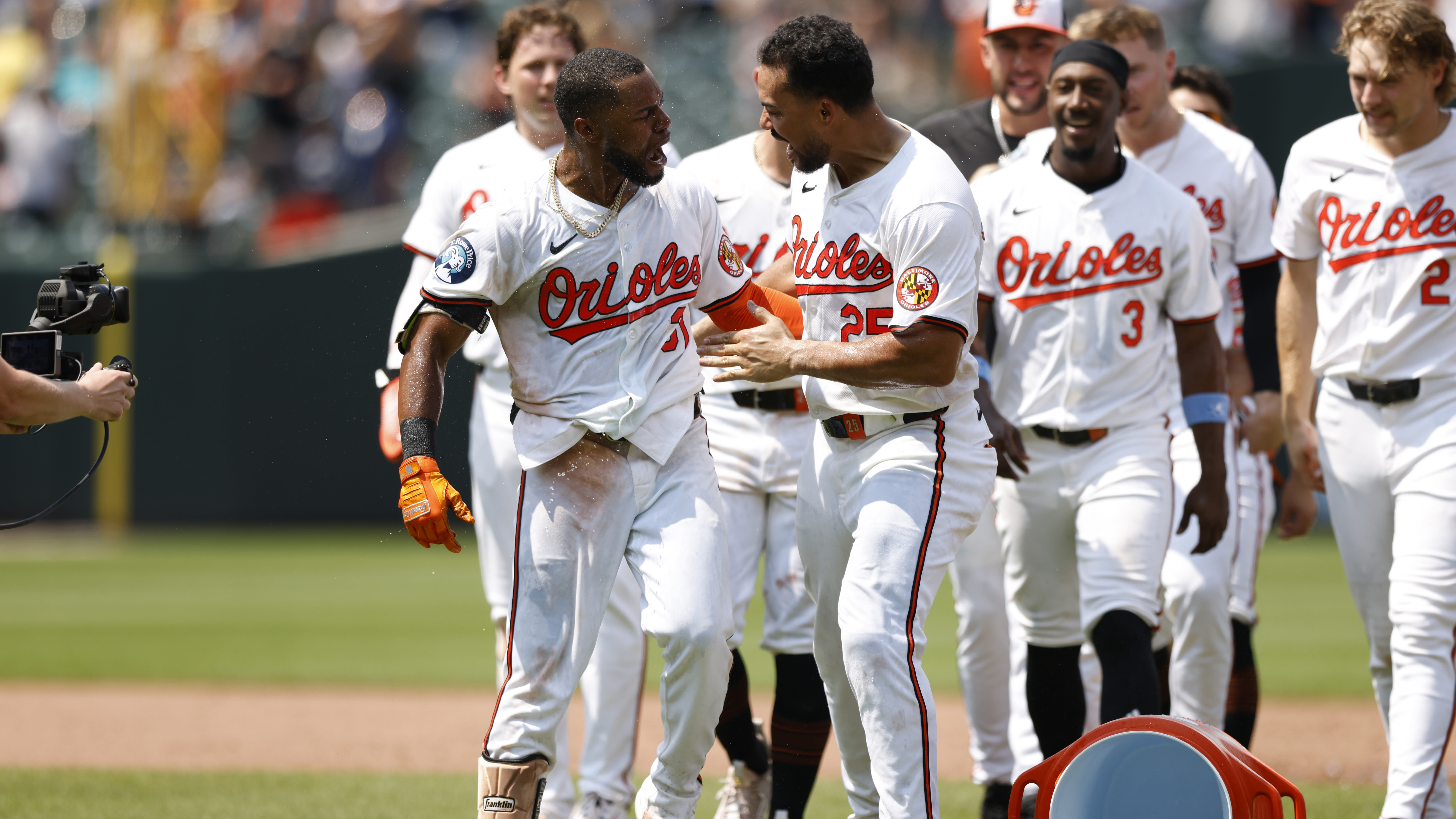 Cedric Mullins and the Orioles celebrate their walk-off win