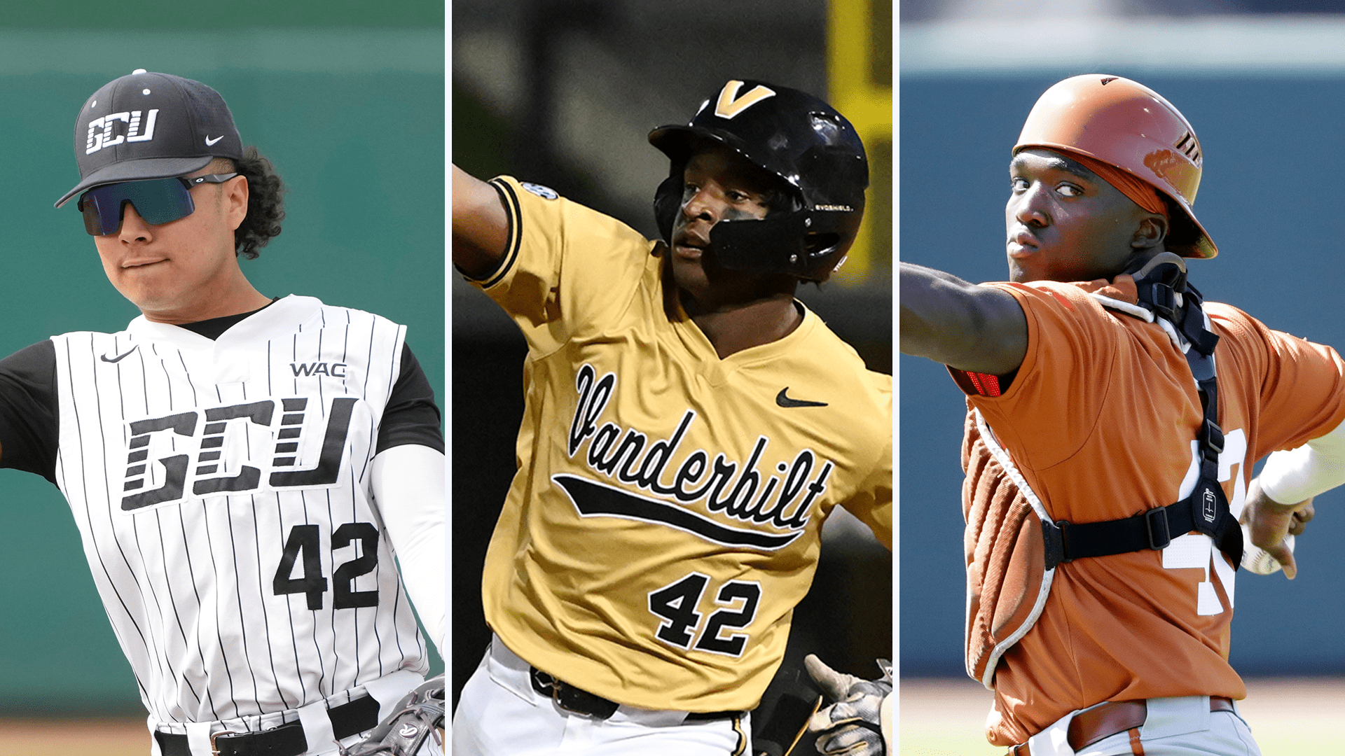 Three action images of players for Grand Canyon University, Vanderbilt and the University of Texas wearing No. 42
