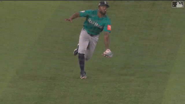 An animated gif of Randy Arozarena making a diving catch