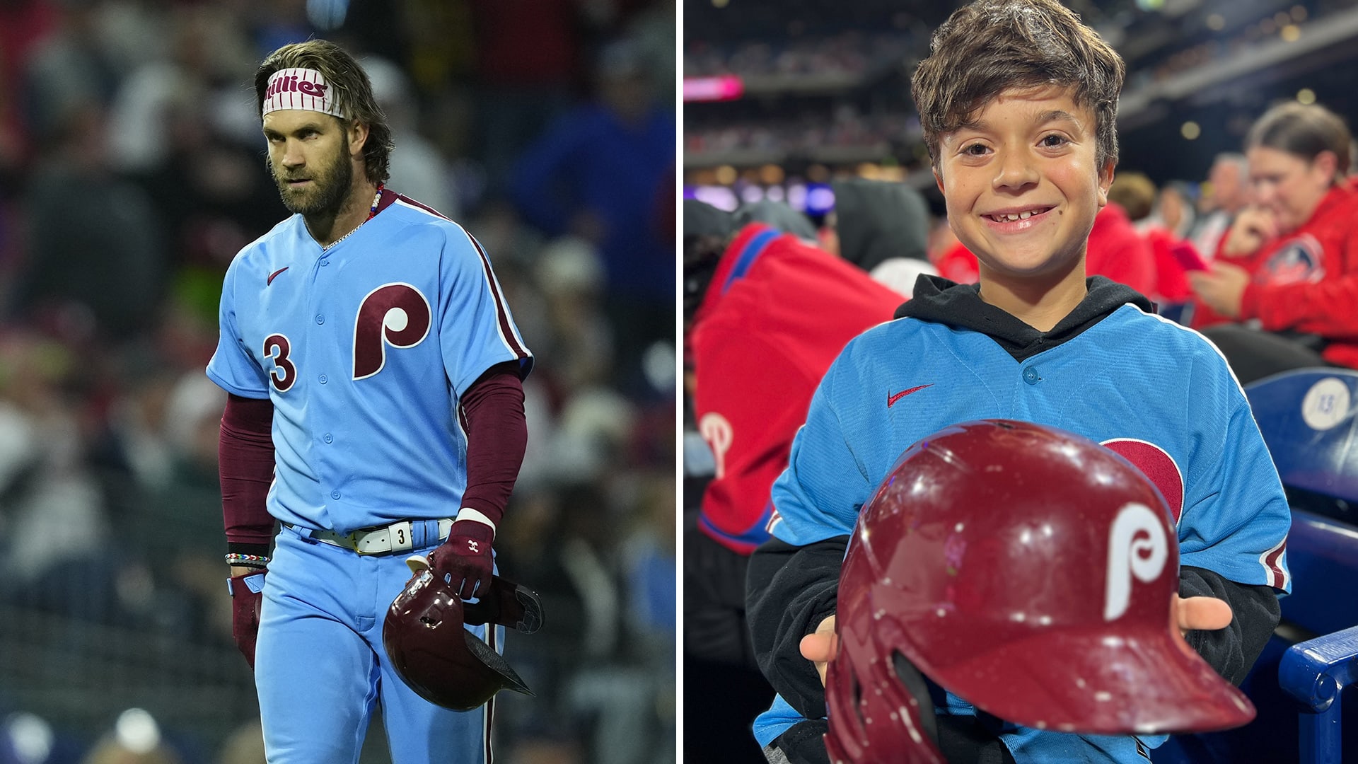 Photos of Bryce Harper with his helmet in his hand and of a young fan holding the helmet in the stands