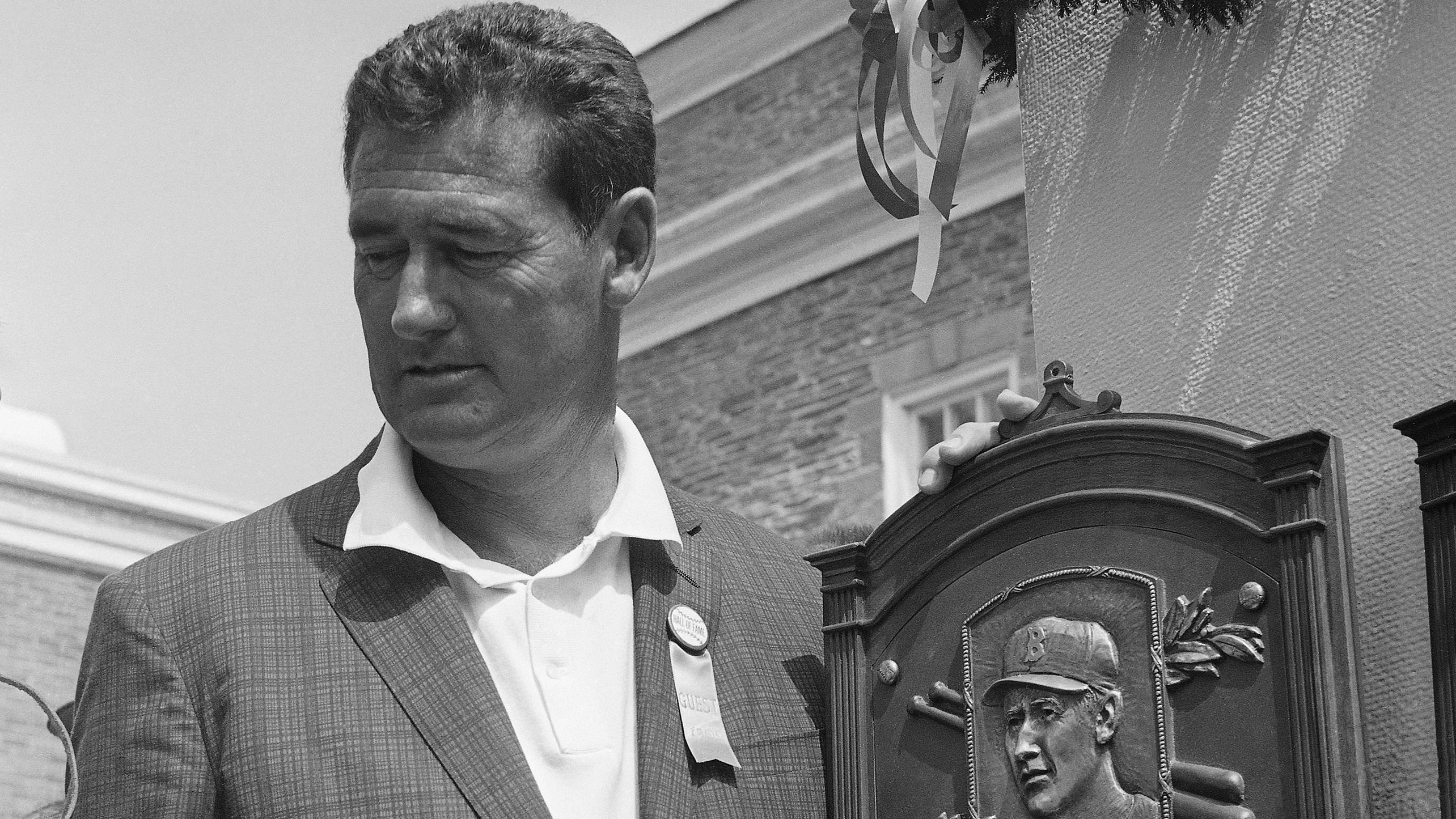 Ted Williams with his Hall of Fame plaque