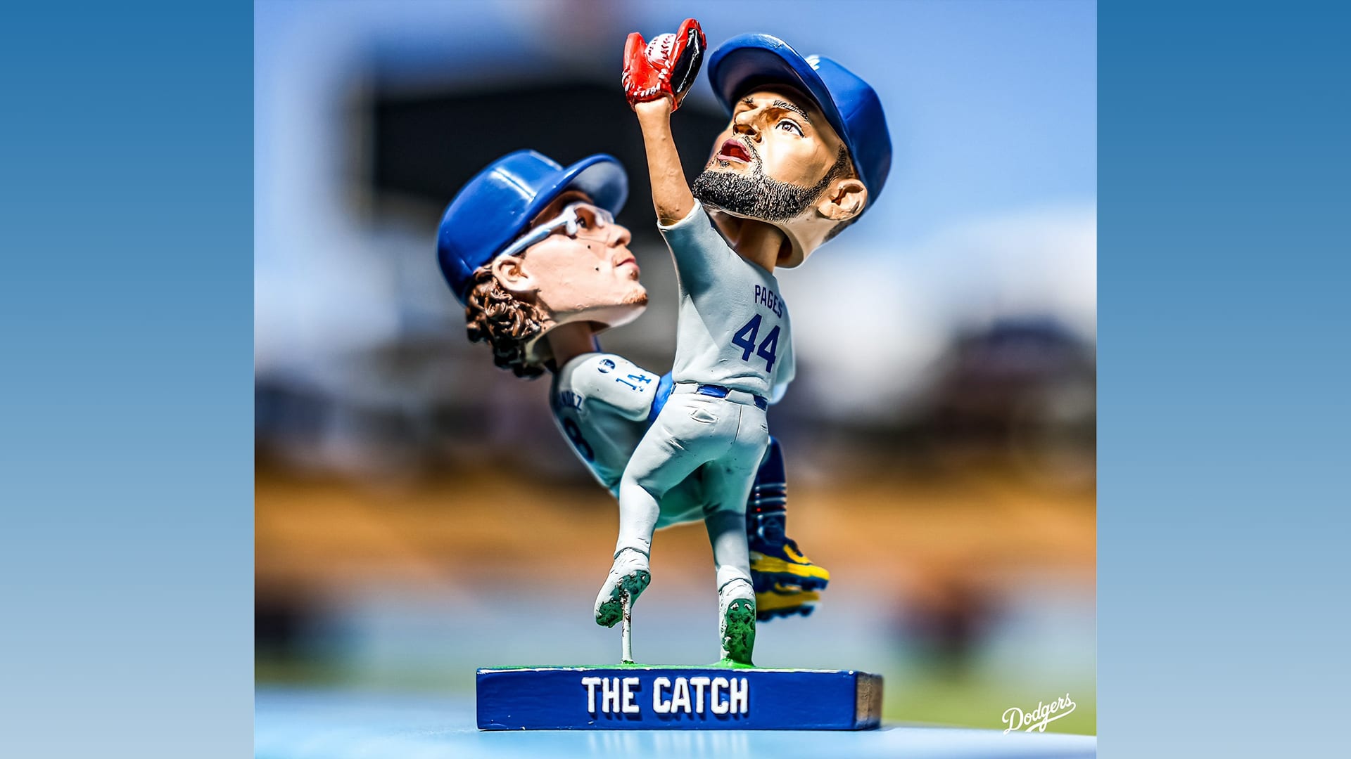 A bobblehead of Andy Pages and Kiké Hernández colliding on a World Series Game 7 catch